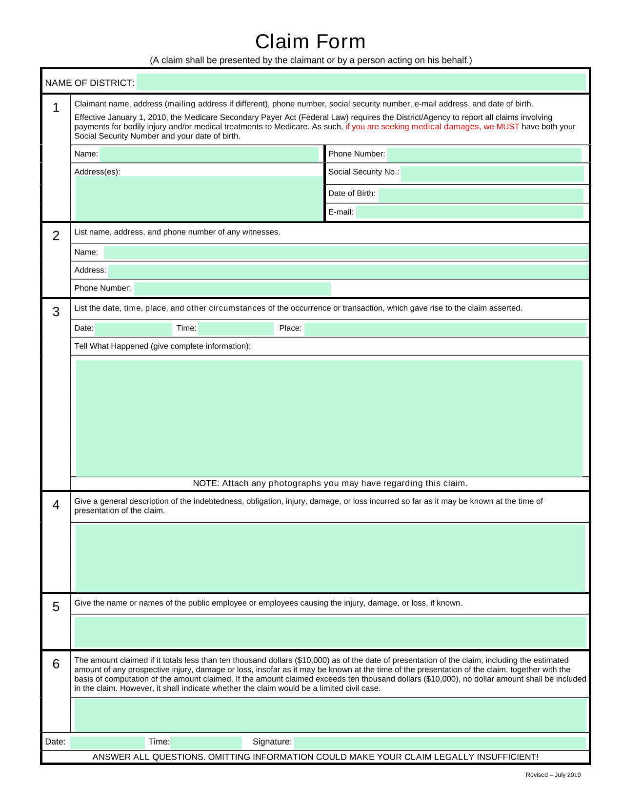 Claim Form screenshot