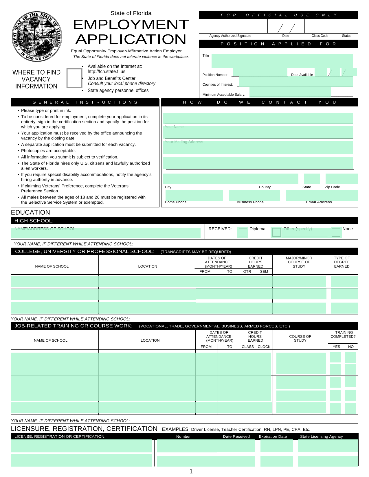 State Of Florida Employment Application screenshot