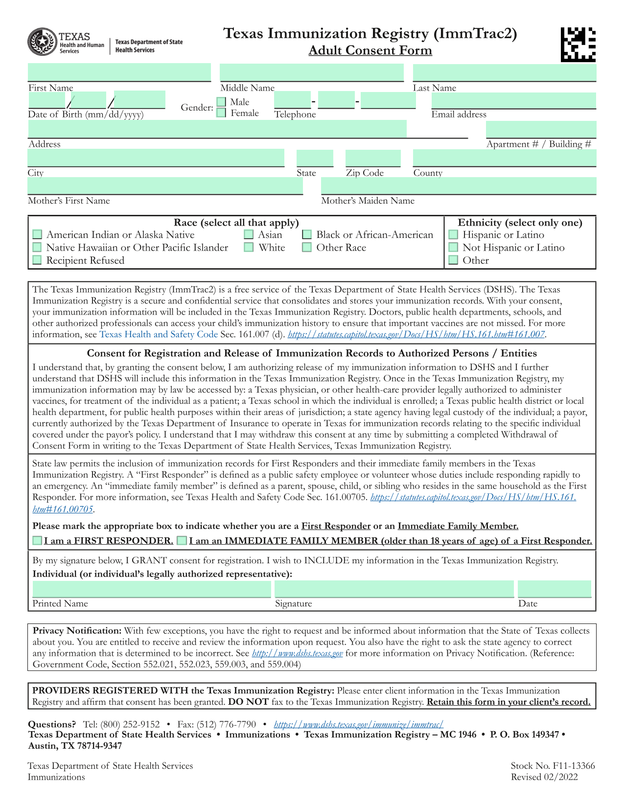 Texas Immunization Registry (ImmTrac2) Adult Consent Form screenshot