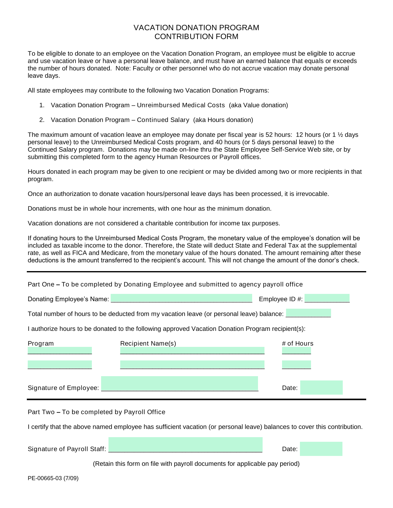 Vacation Donation Program Contribution Form screenshot