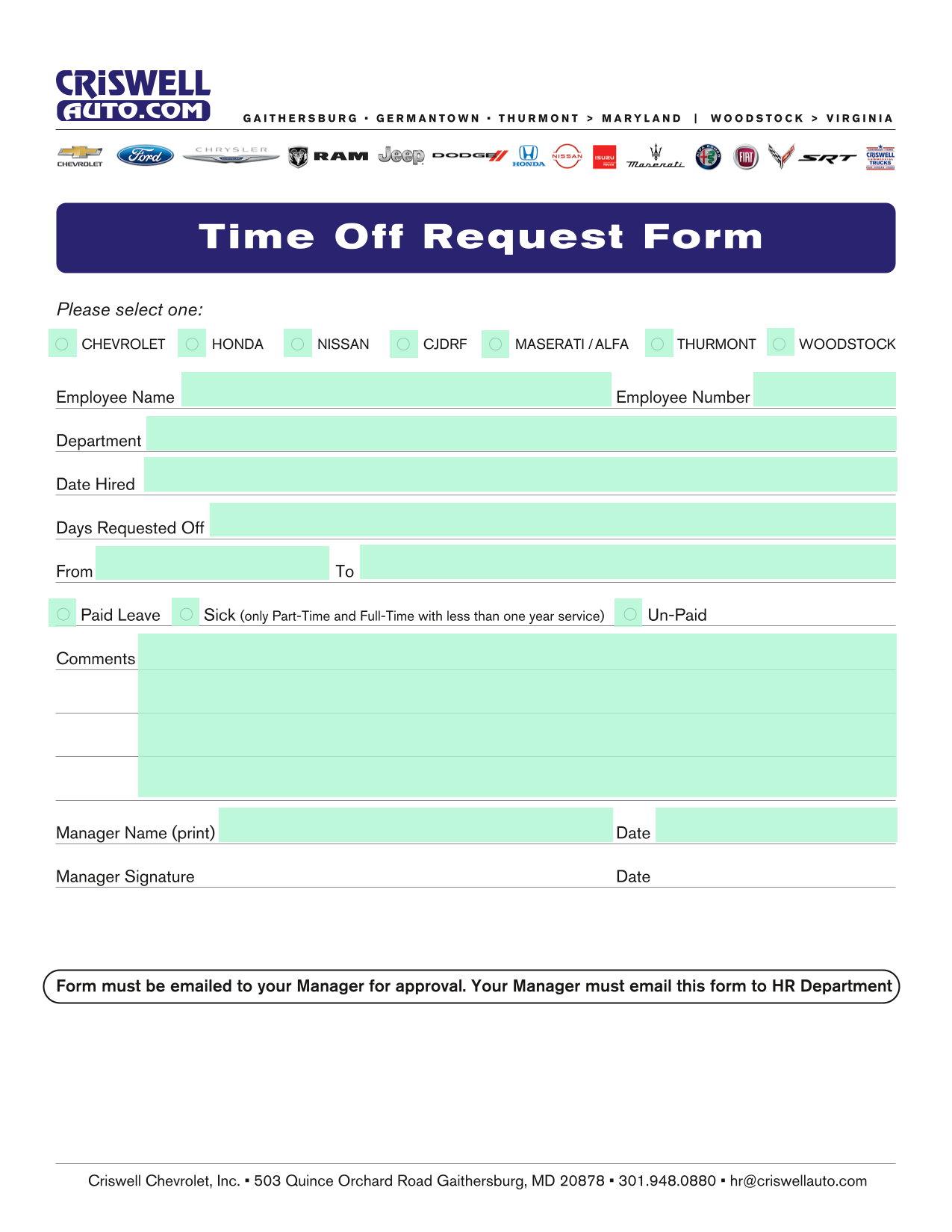 Time Off Request Form screenshot
