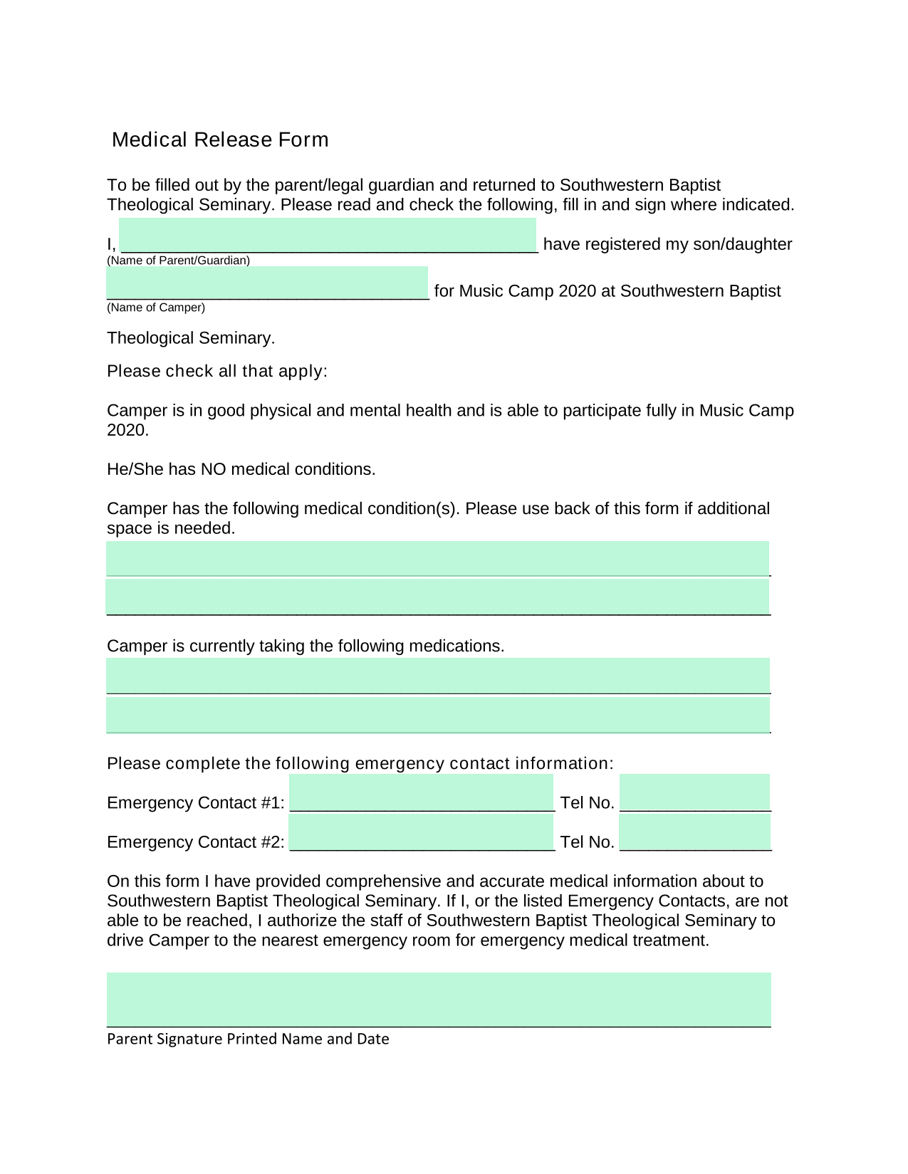 Medical Release Form screenshot