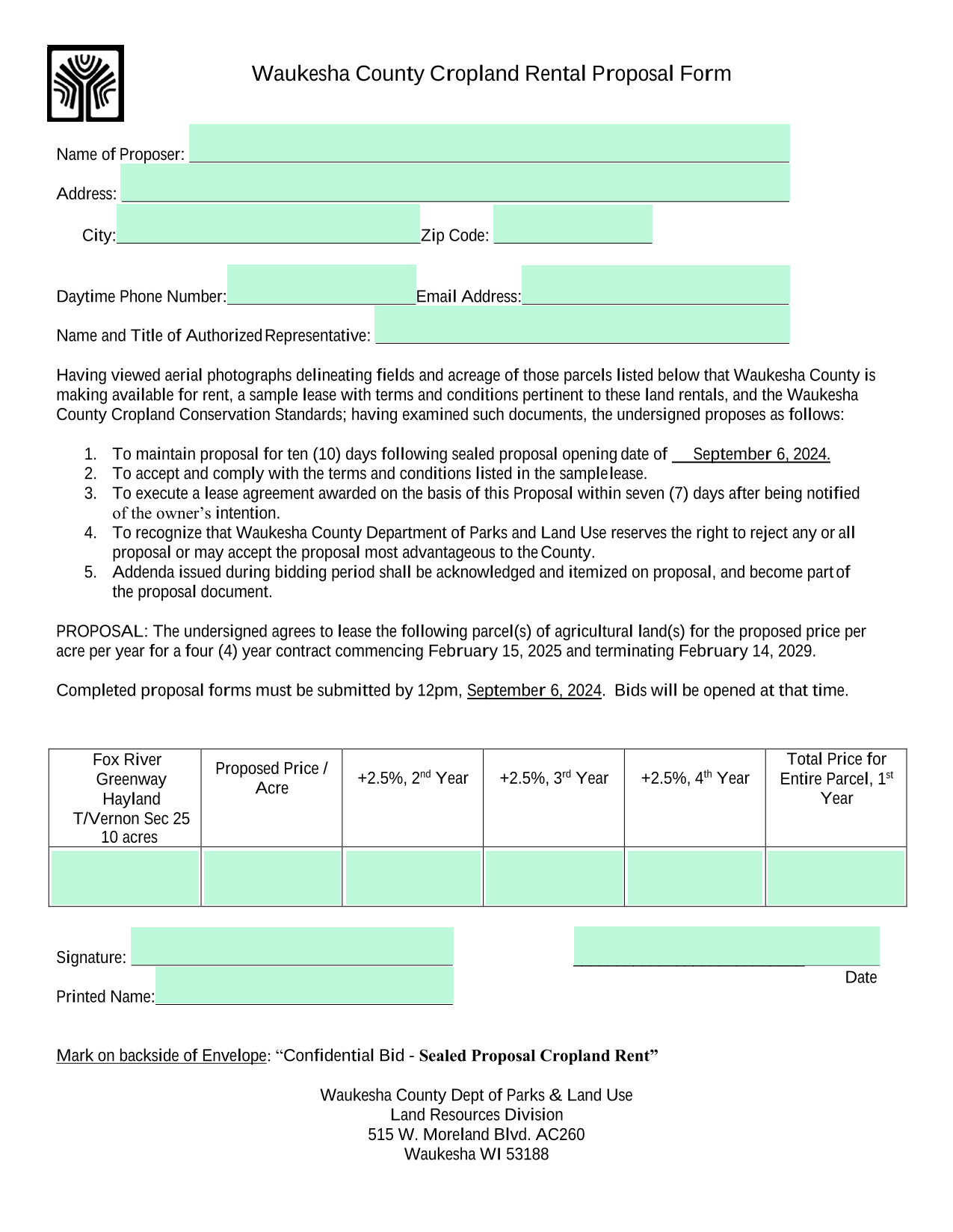 Waukesha County Cropland Rental Proposal Form screenshot