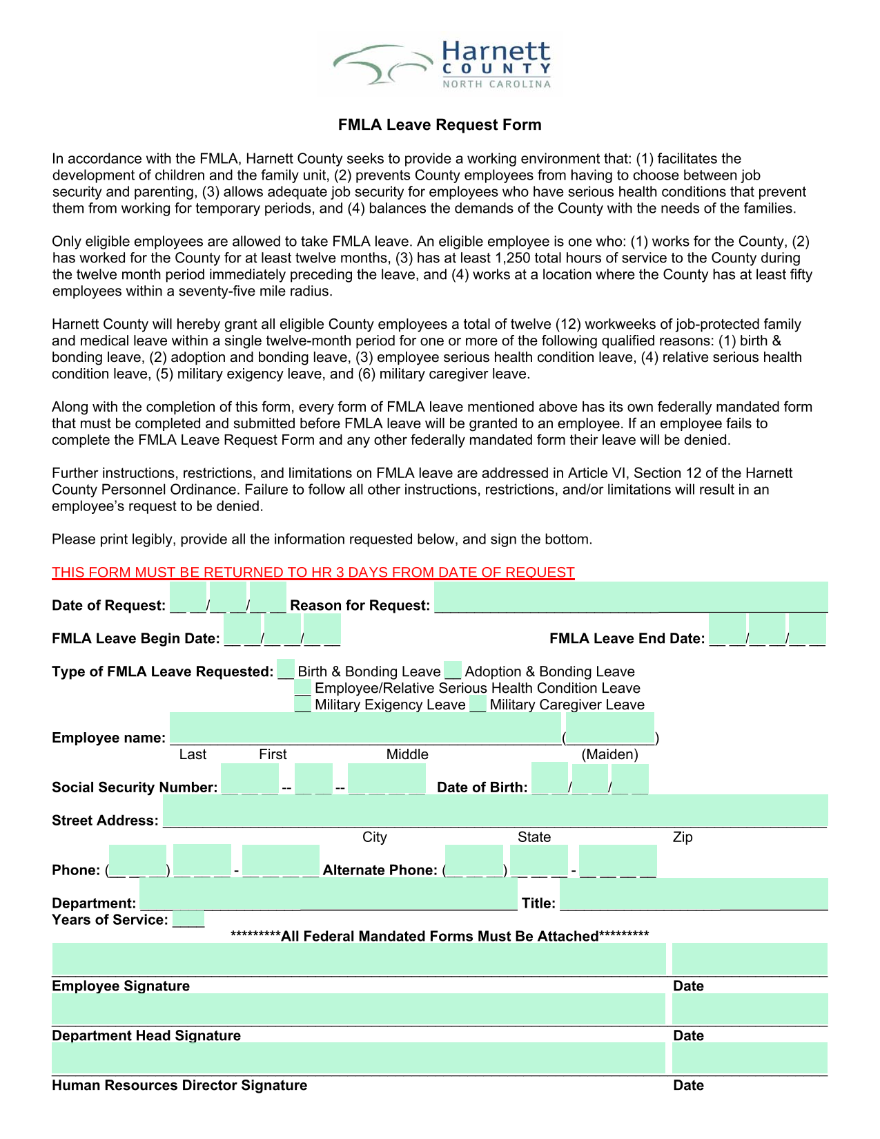 FMLA Leave Request Form screenshot