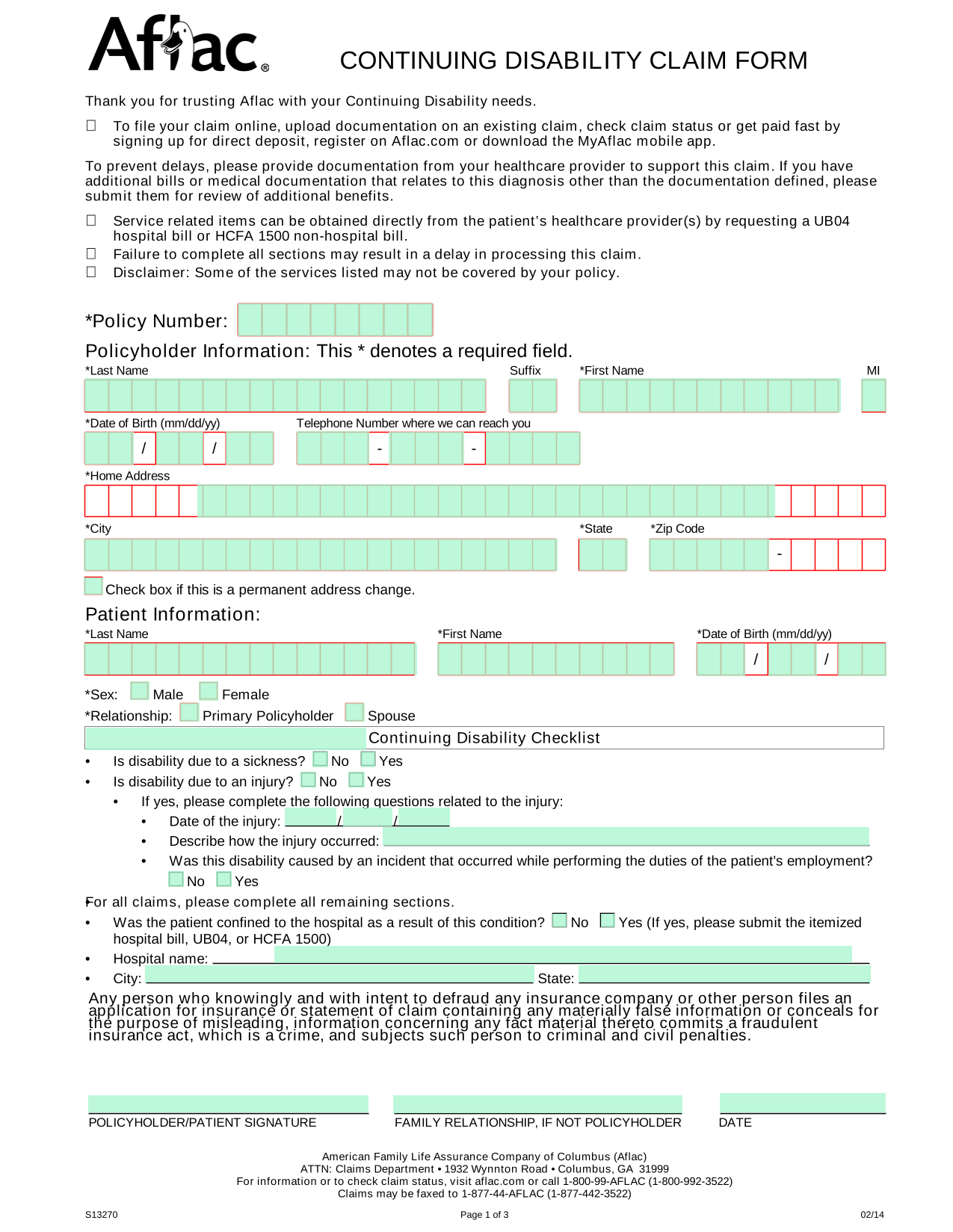 Continuing Disability Claim Form screenshot