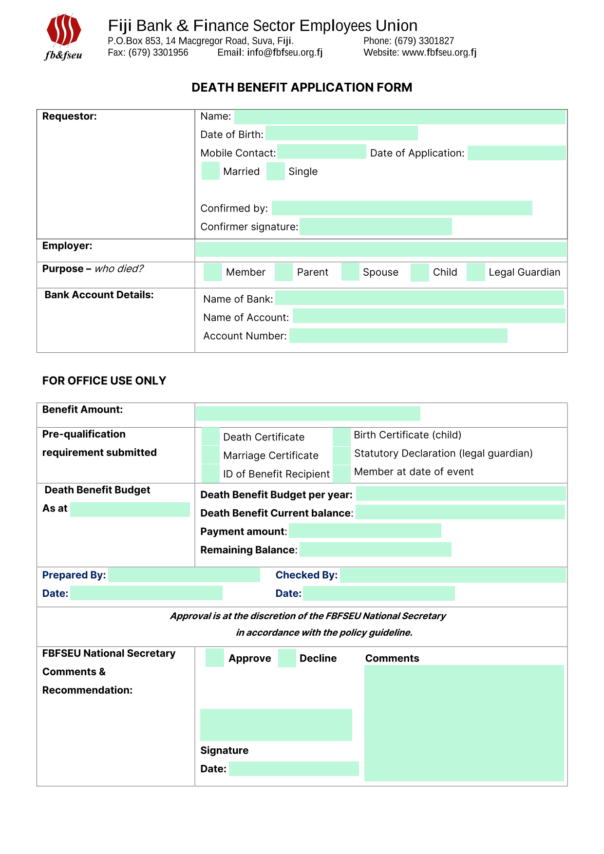 Death Benefit Application Form screenshot