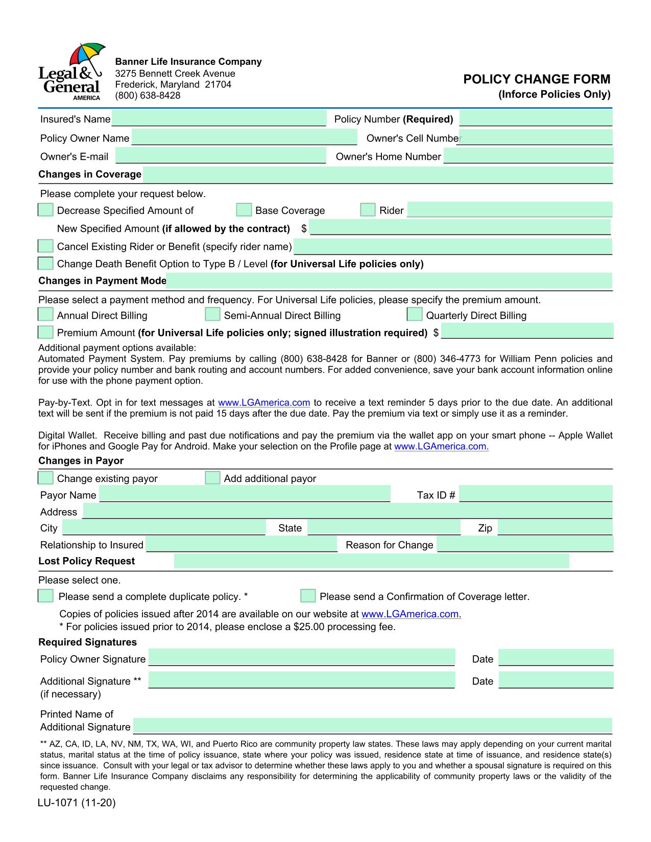 LU 1071 (11 20) Policy Change Form screenshot