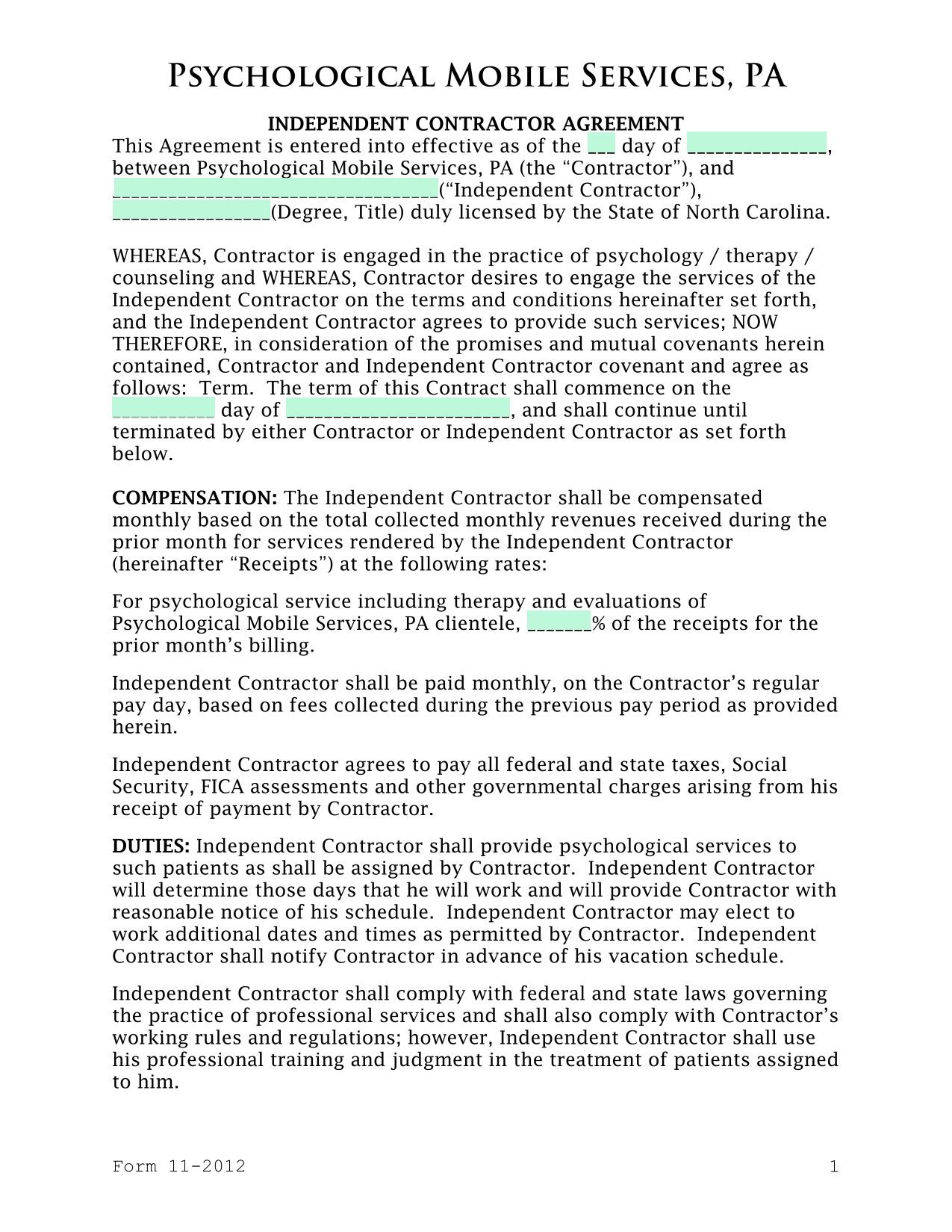 Independent Contractor Agreement screenshot
