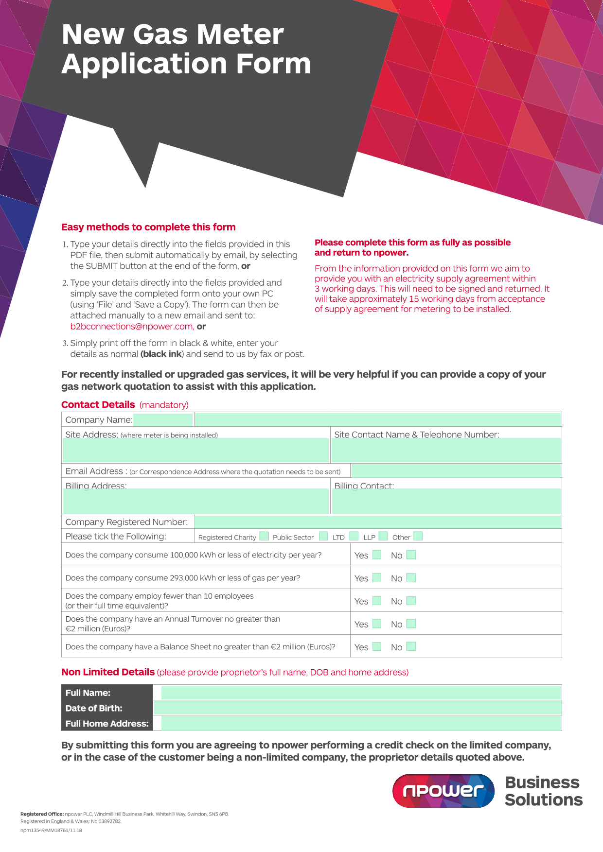 New Gas Meter Application Form screenshot