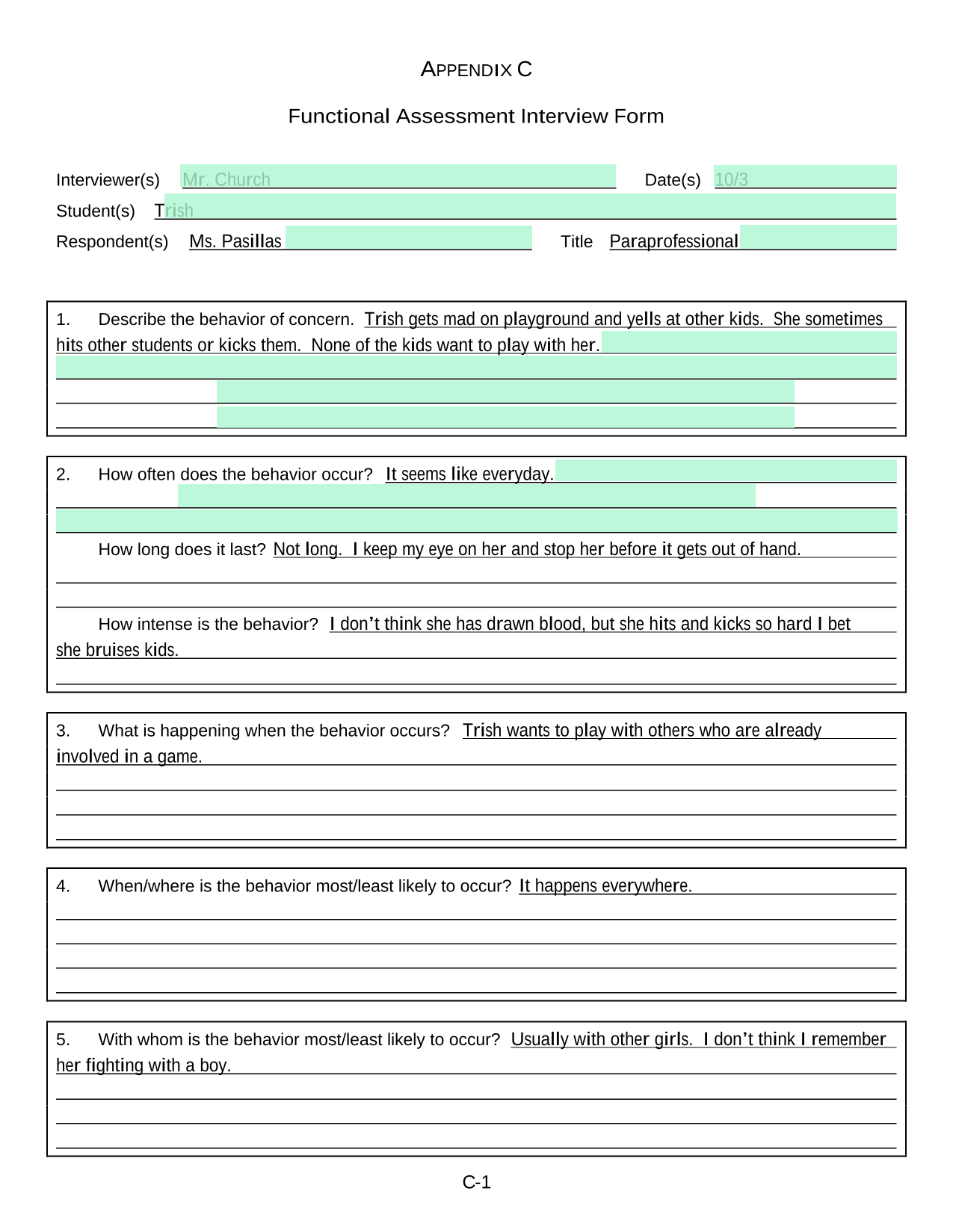 Functional Assessment Interview Form screenshot