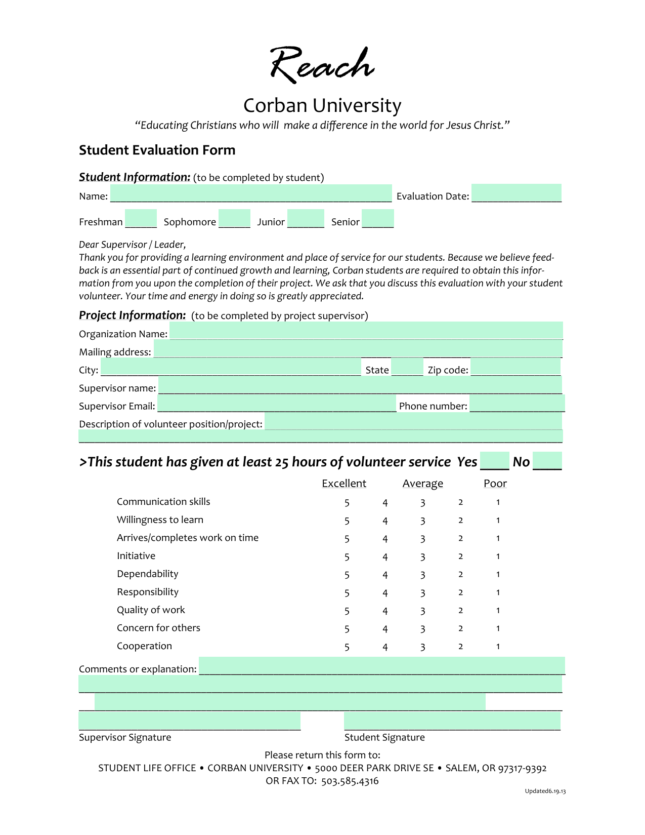 Student Evaluation Form screenshot