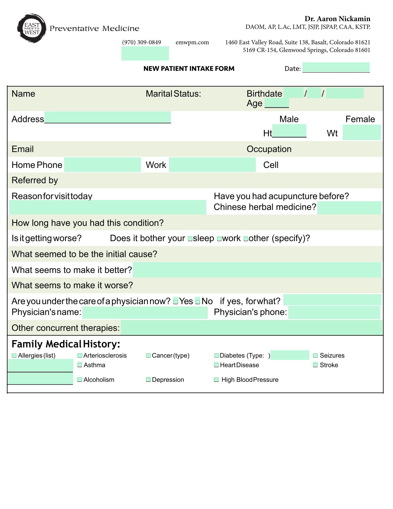 NEW PATIENT INTAKE FORM screenshot