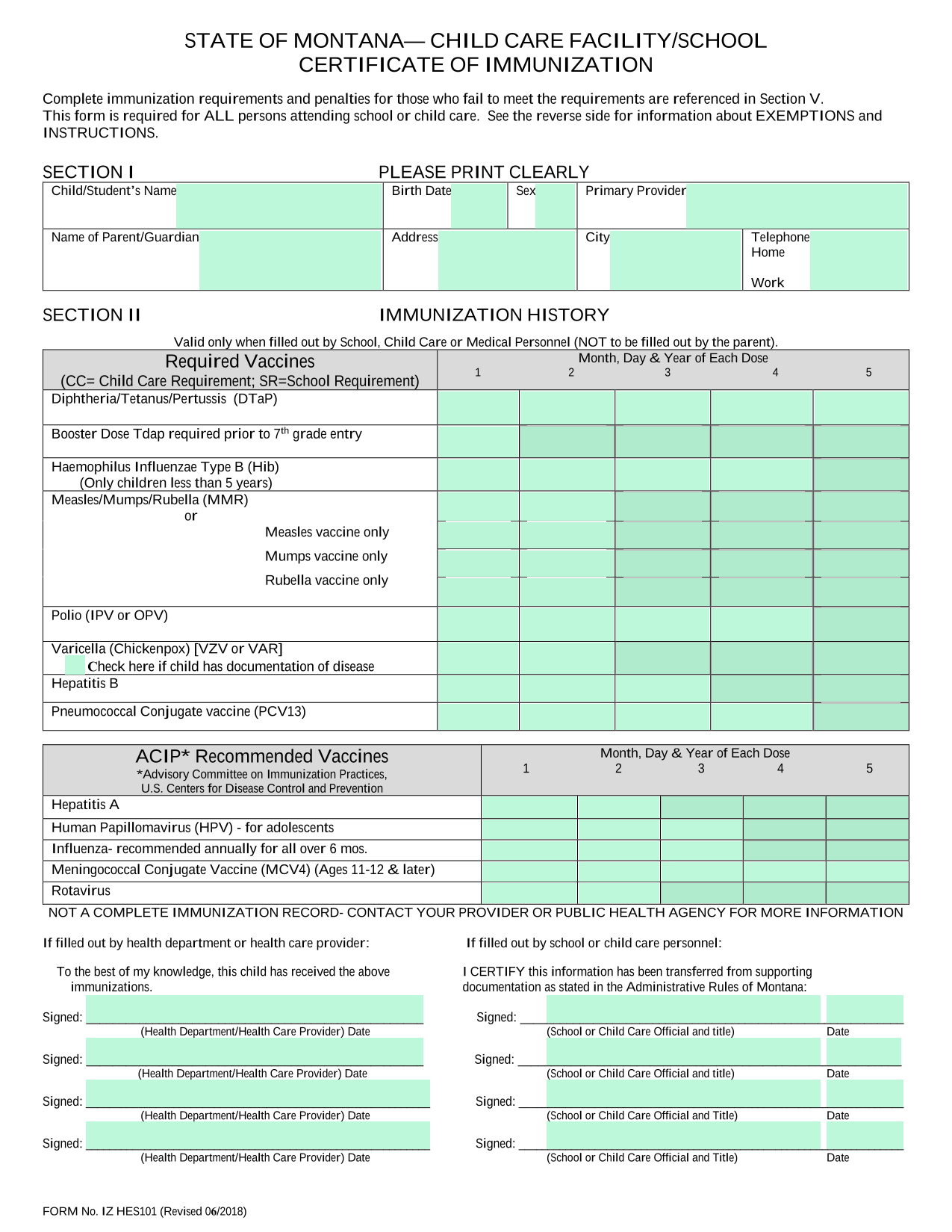 State Of Montana Child Care FacilitySchool Certificate Of Immunization screenshot