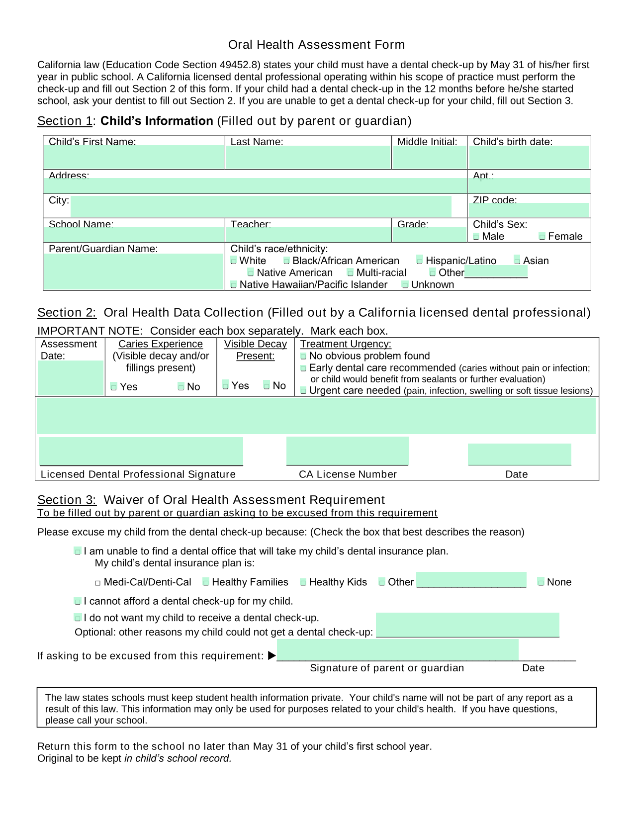 Oral Health Assessment Form screenshot