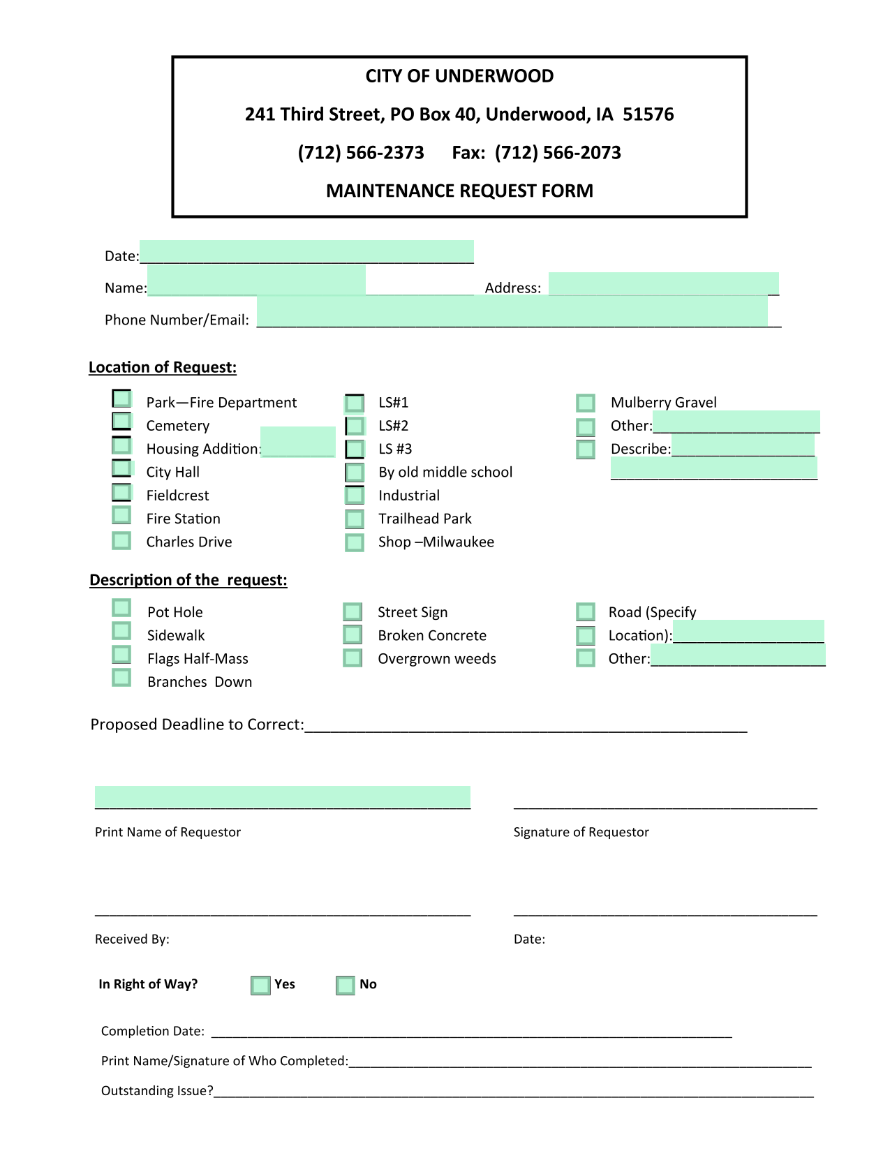 MAINTENANCE REQUEST FORM screenshot