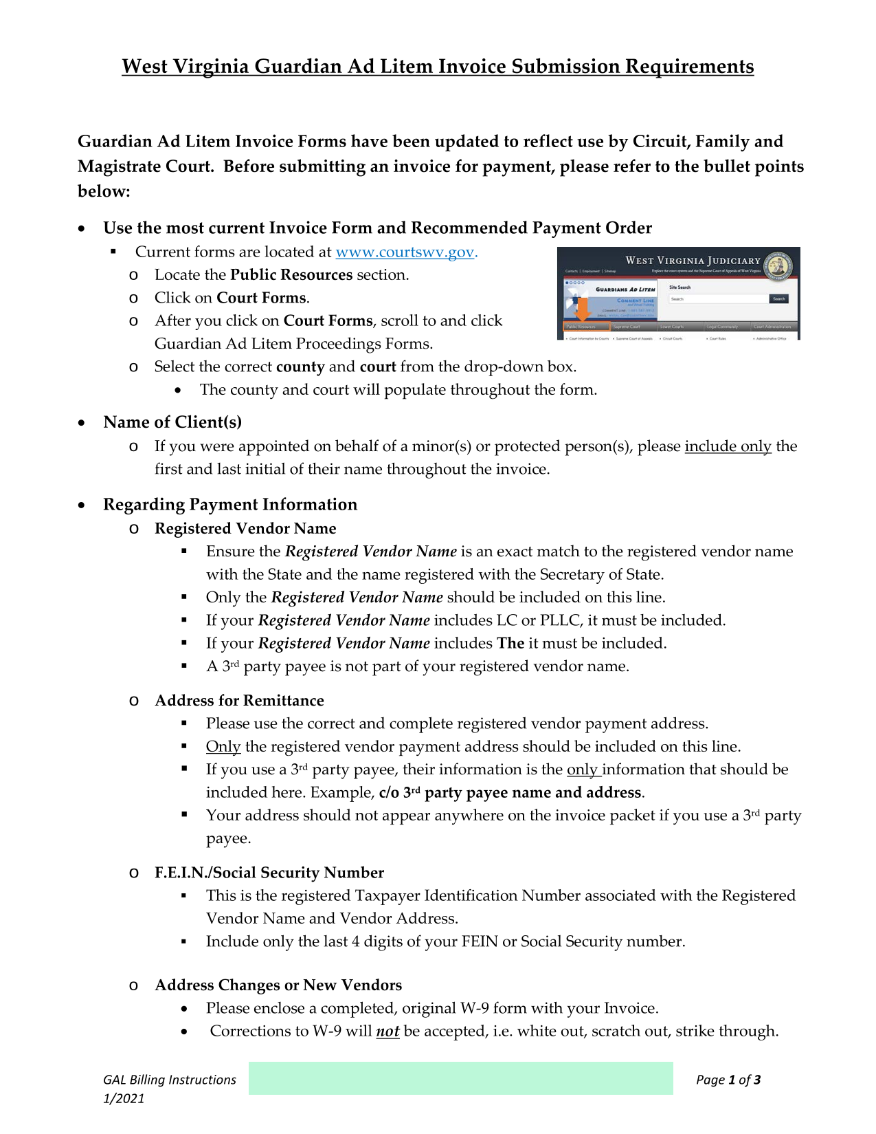 West Virginia Guardian Ad Litem Invoice Submission Requirements screenshot