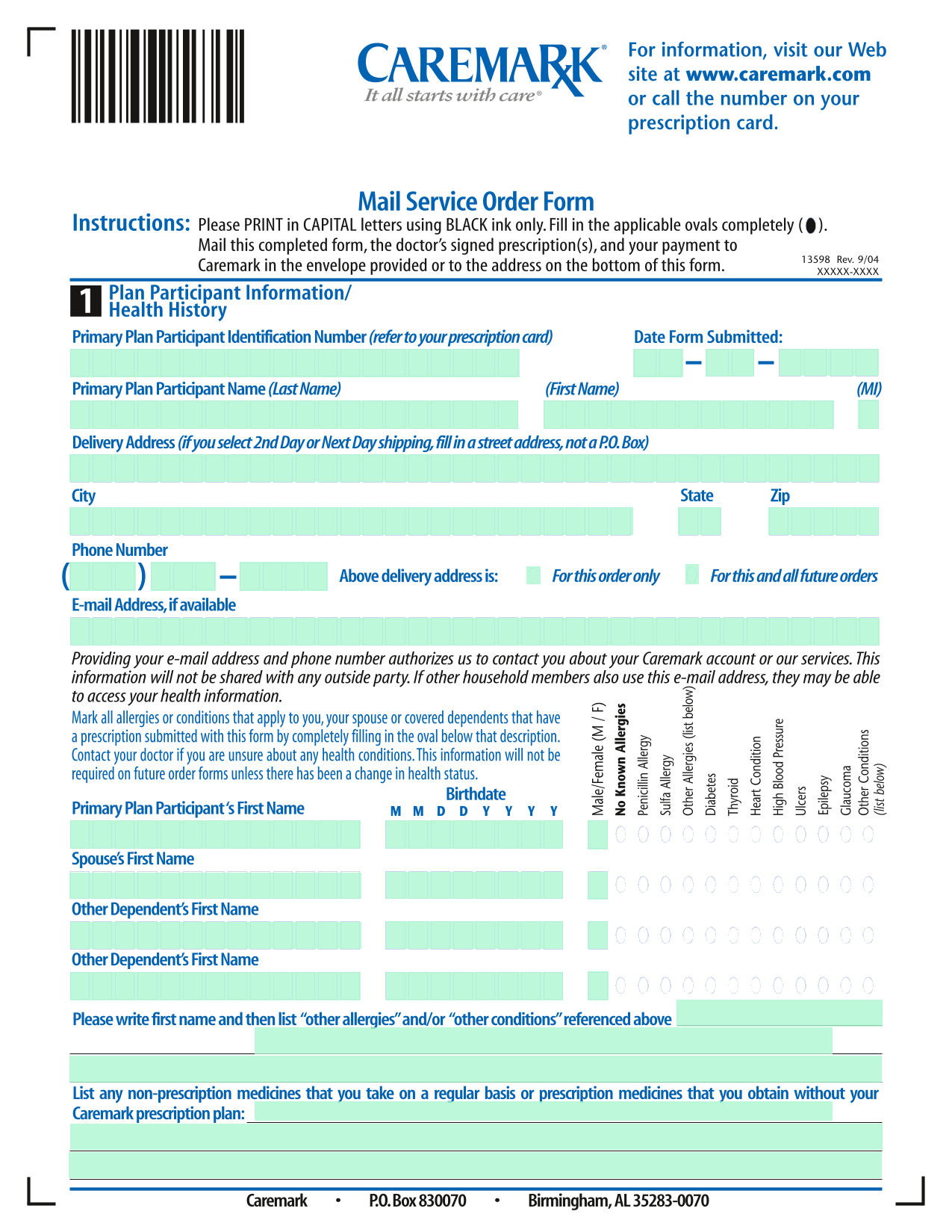 Mail Service Order Form screenshot