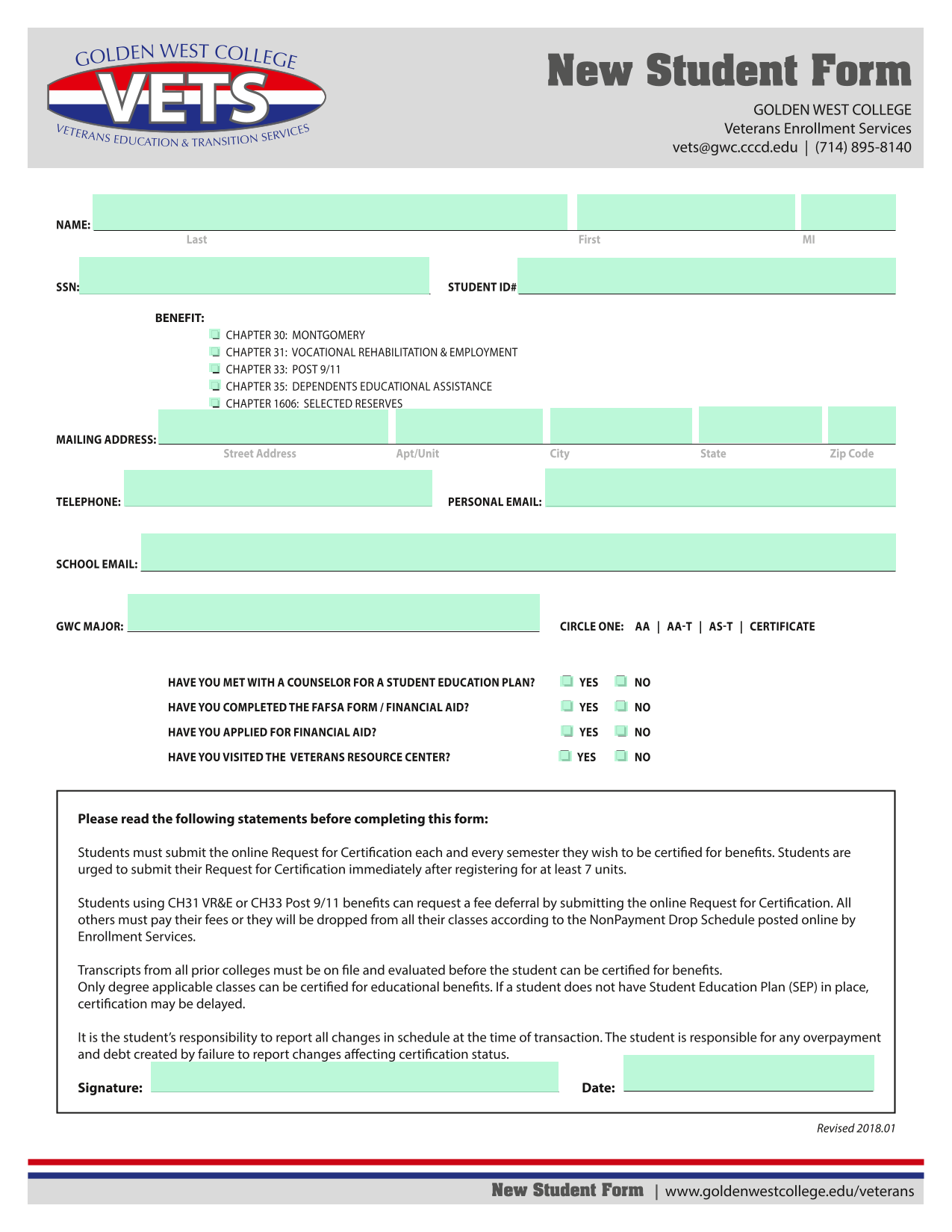 New Student Form screenshot