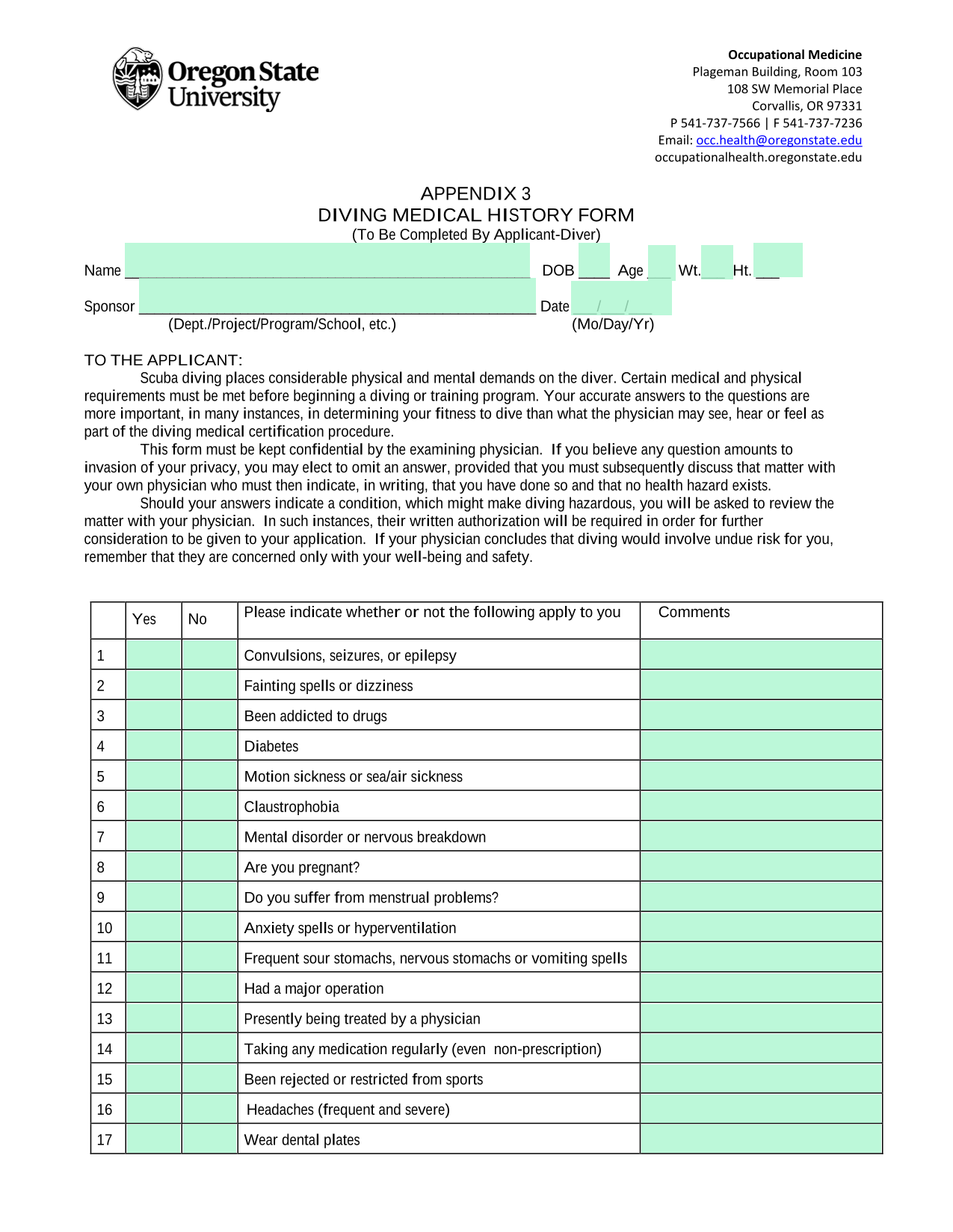 DIVING MEDICAL HISTORY FORM screenshot