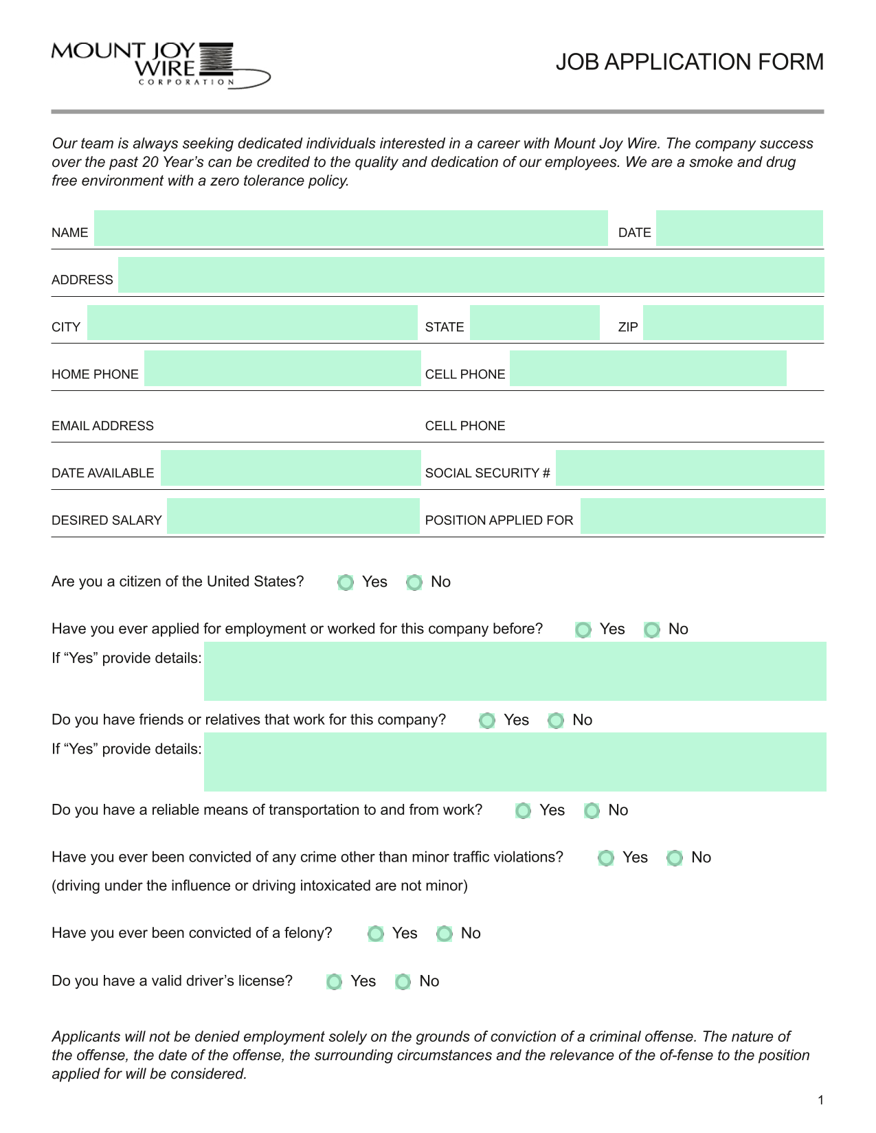 JOB APPLICATION FORM screenshot