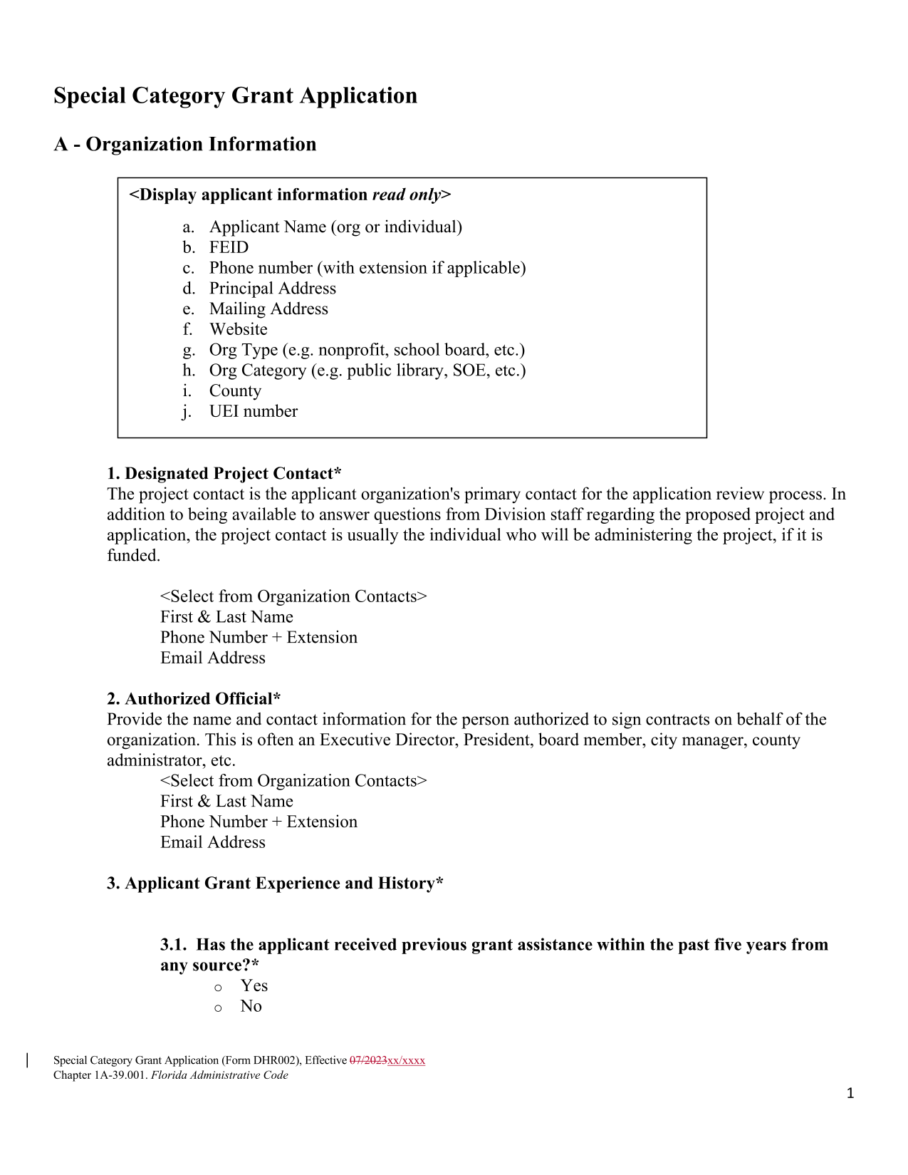 Special Category Grant Application (Form DHR002) screenshot