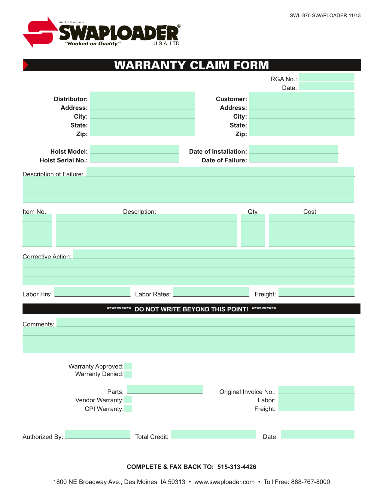 WARRANTY CLAIM FORM screenshot