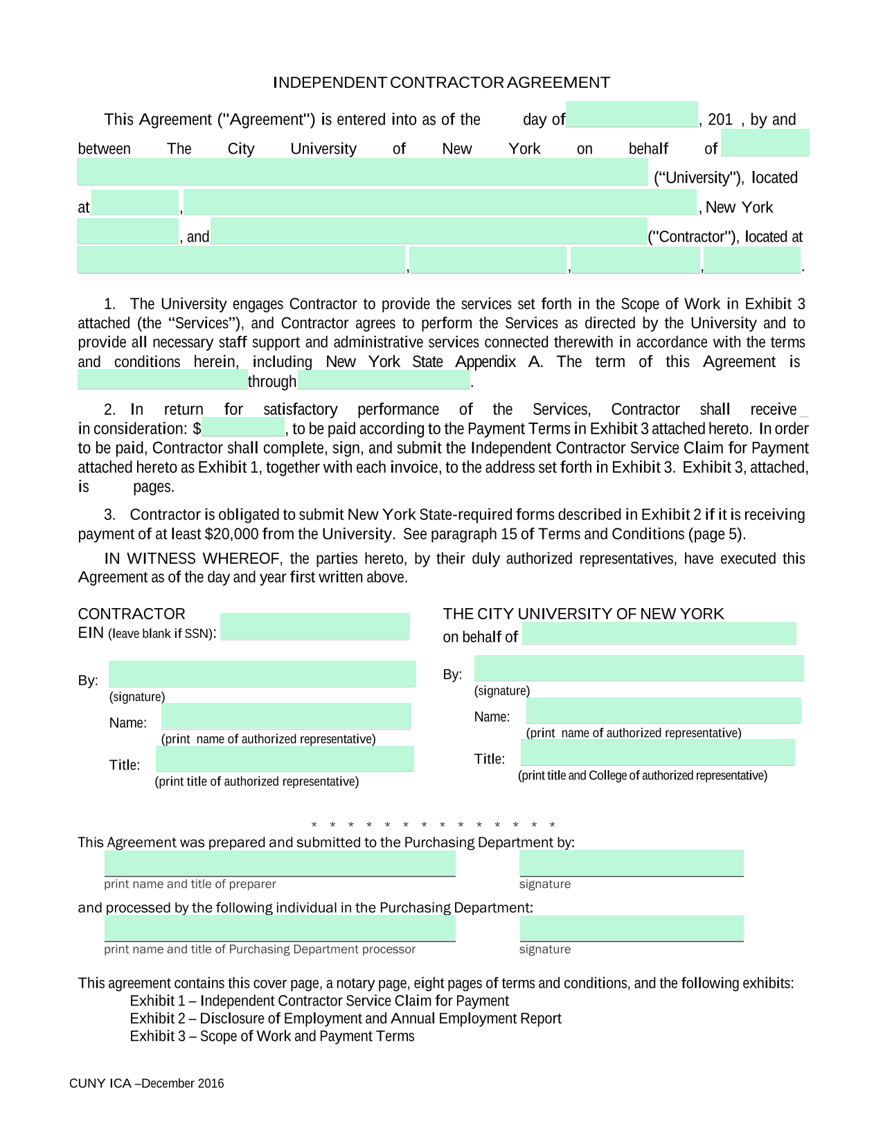 CUNY ICA Independent Contractor Agreement screenshot