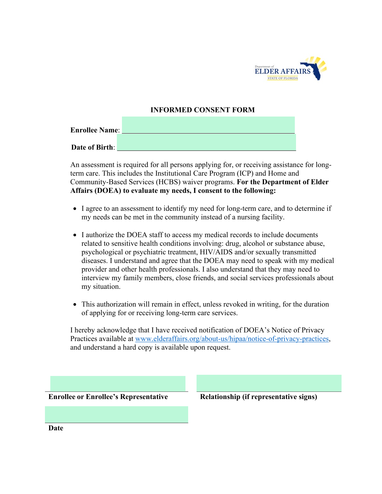 Informed Consent Form screenshot
