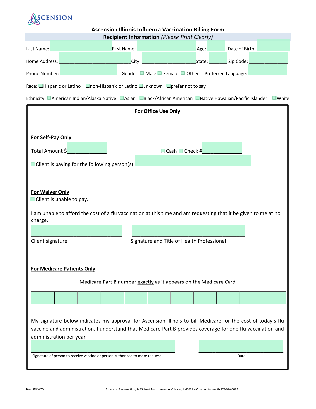 Ascension Illinois Influenza Vaccination Billing Form screenshot