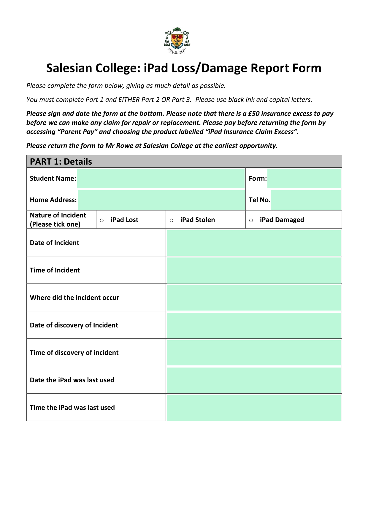 Salesian College IPad LossDamage Report Form screenshot