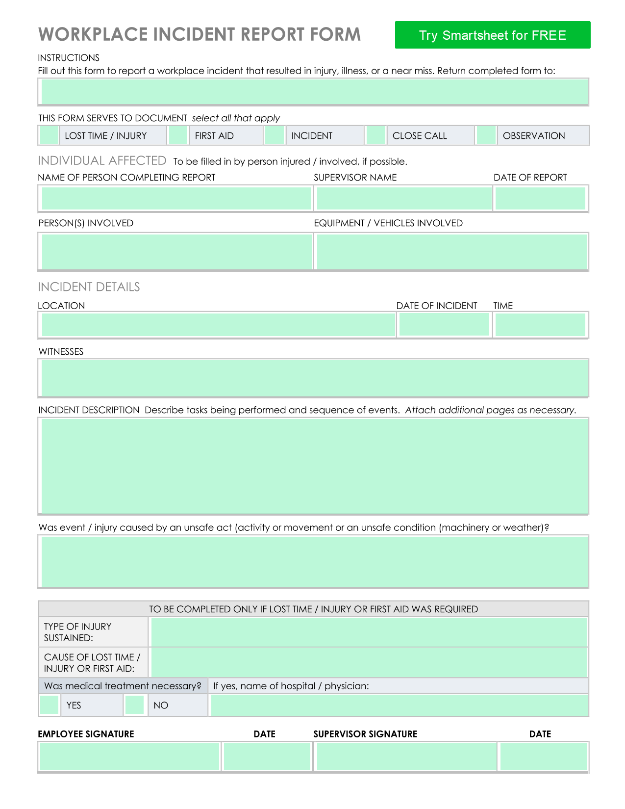 Workplace Incident Report Form screenshot