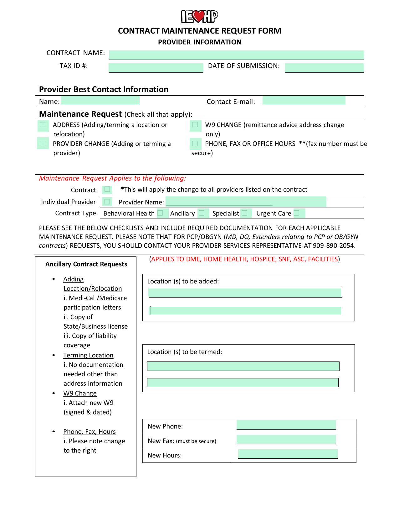 CONTRACT MAINTENANCE REQUEST FORM screenshot
