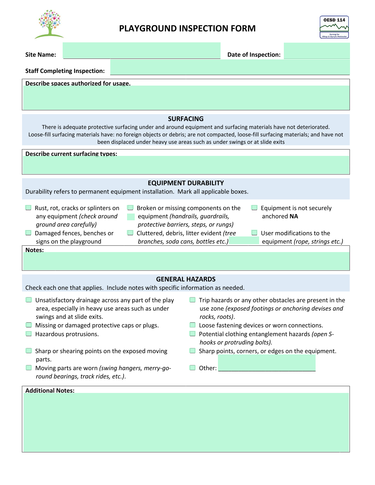 PLAYGROUND INSPECTION FORM screenshot