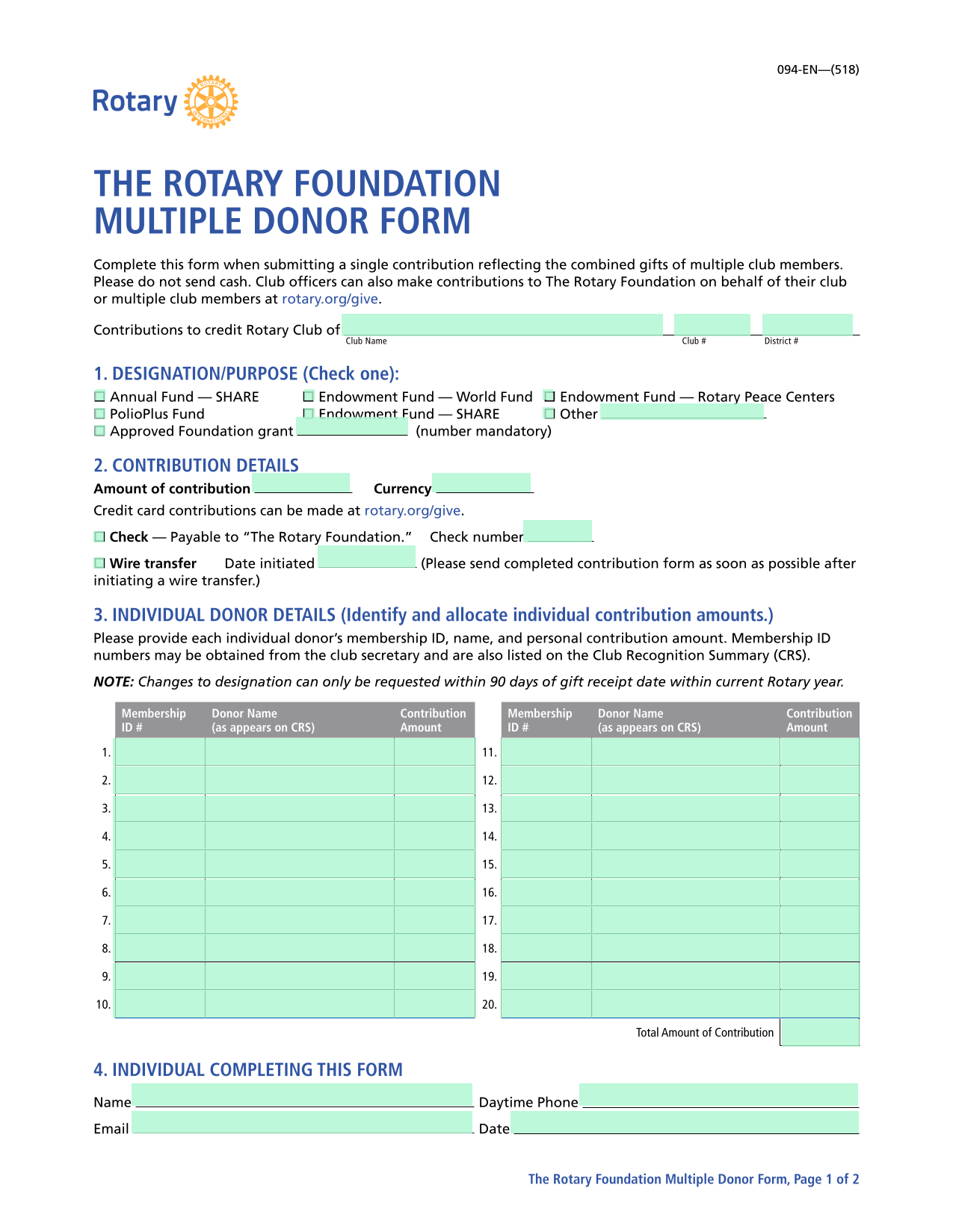 The Rotary Foundation Multiple Donor Form screenshot