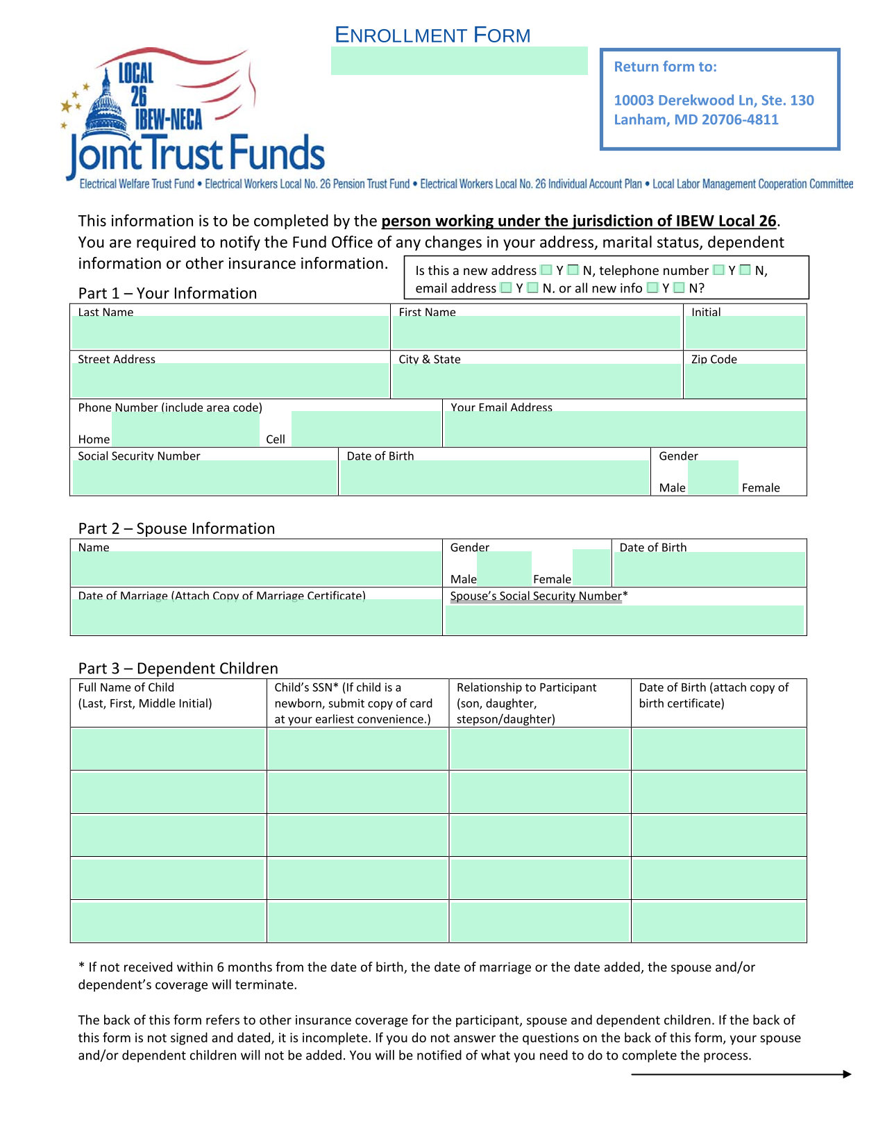 ENROLLMENT FORM screenshot