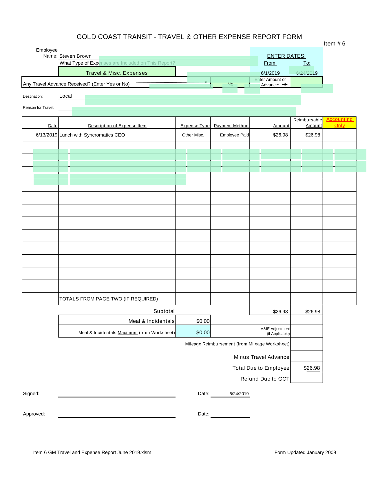 GOLD COAST TRANSIT   TRAVEL  OTHER EXPENSE REPORT FORM screenshot
