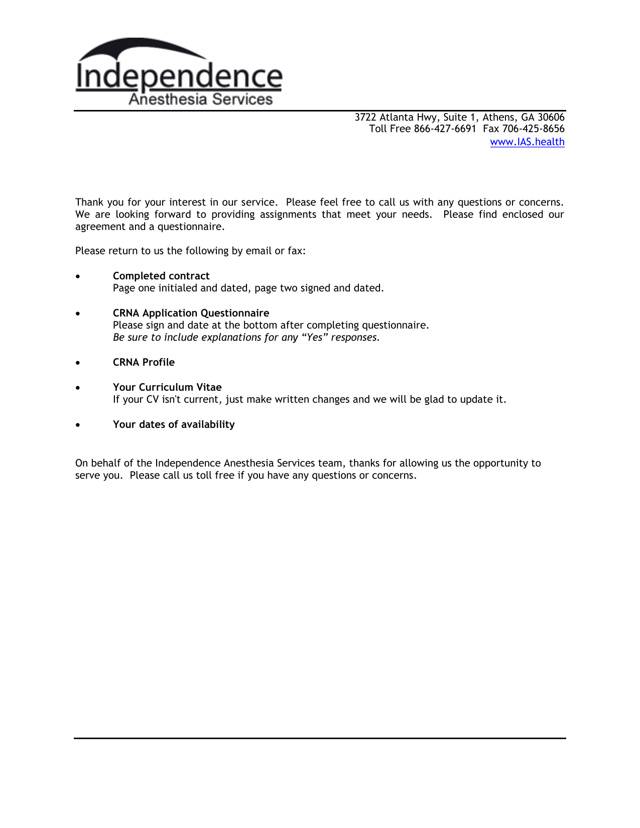 CRNA Application And Independent Contractor Agreement screenshot
