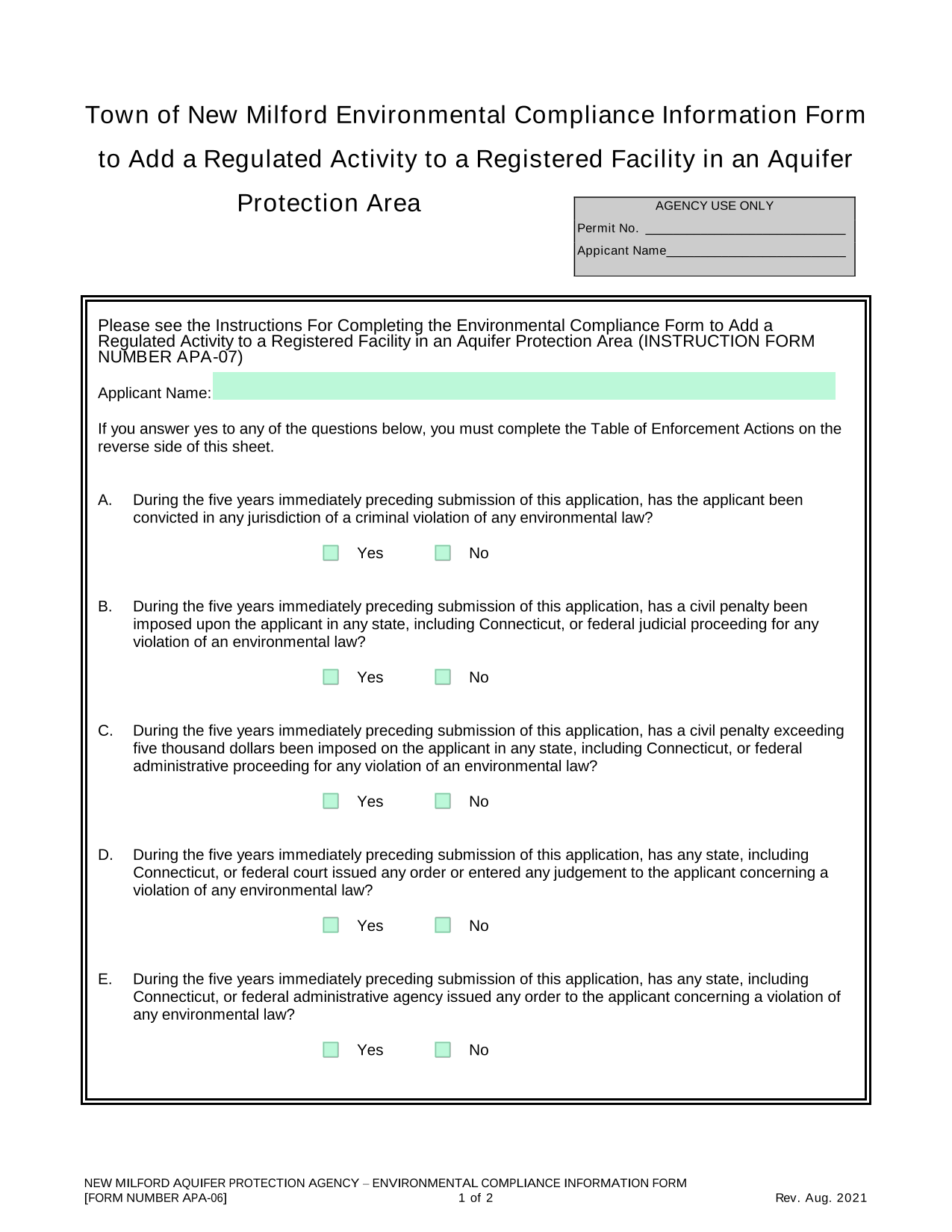 NEW MILFORD AQUIFER PROTECTION AGENCY  ENVIRONMENTAL COMPLIANCE INFORMATION FORM screenshot