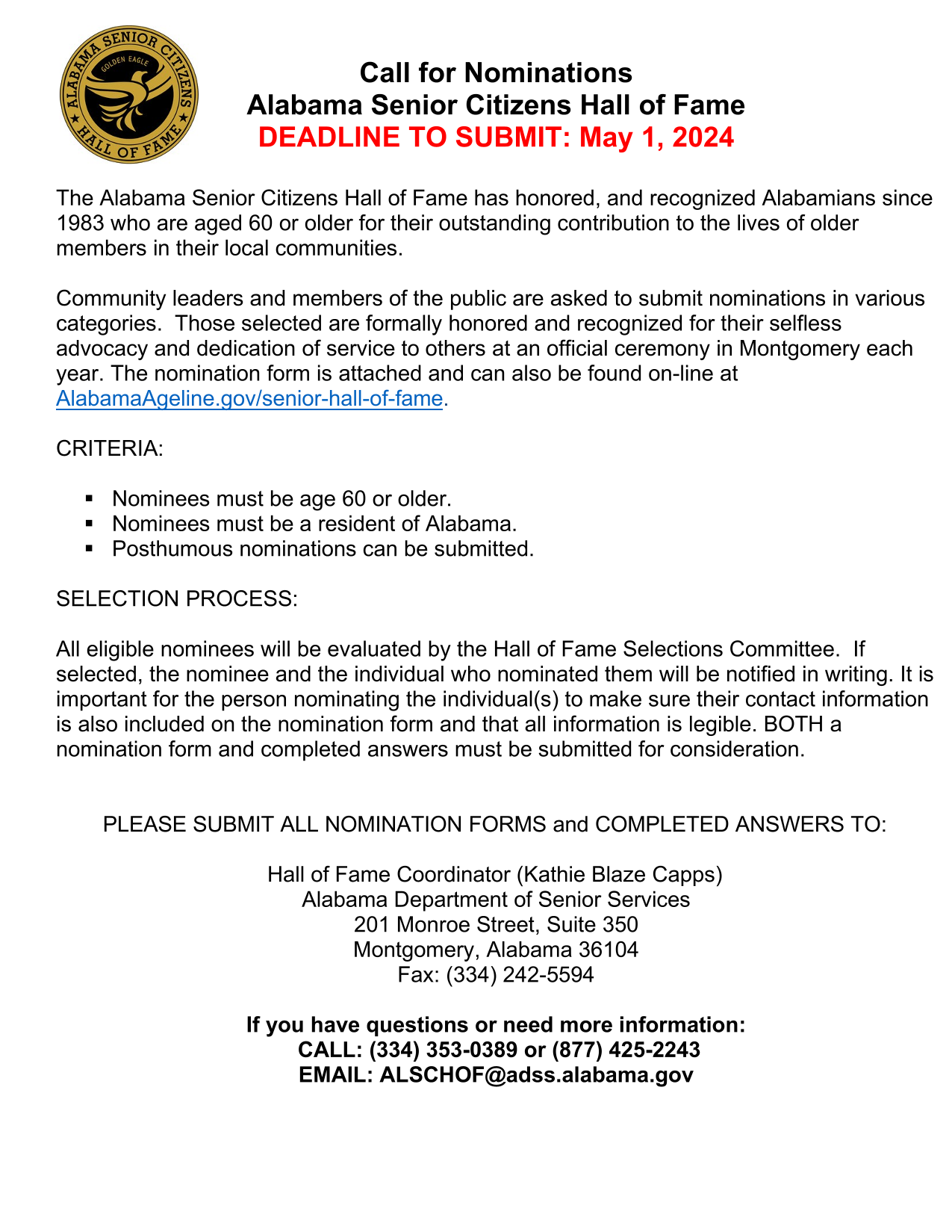 Alabama Senior Citizens Hall Of Fame Nomination Form screenshot