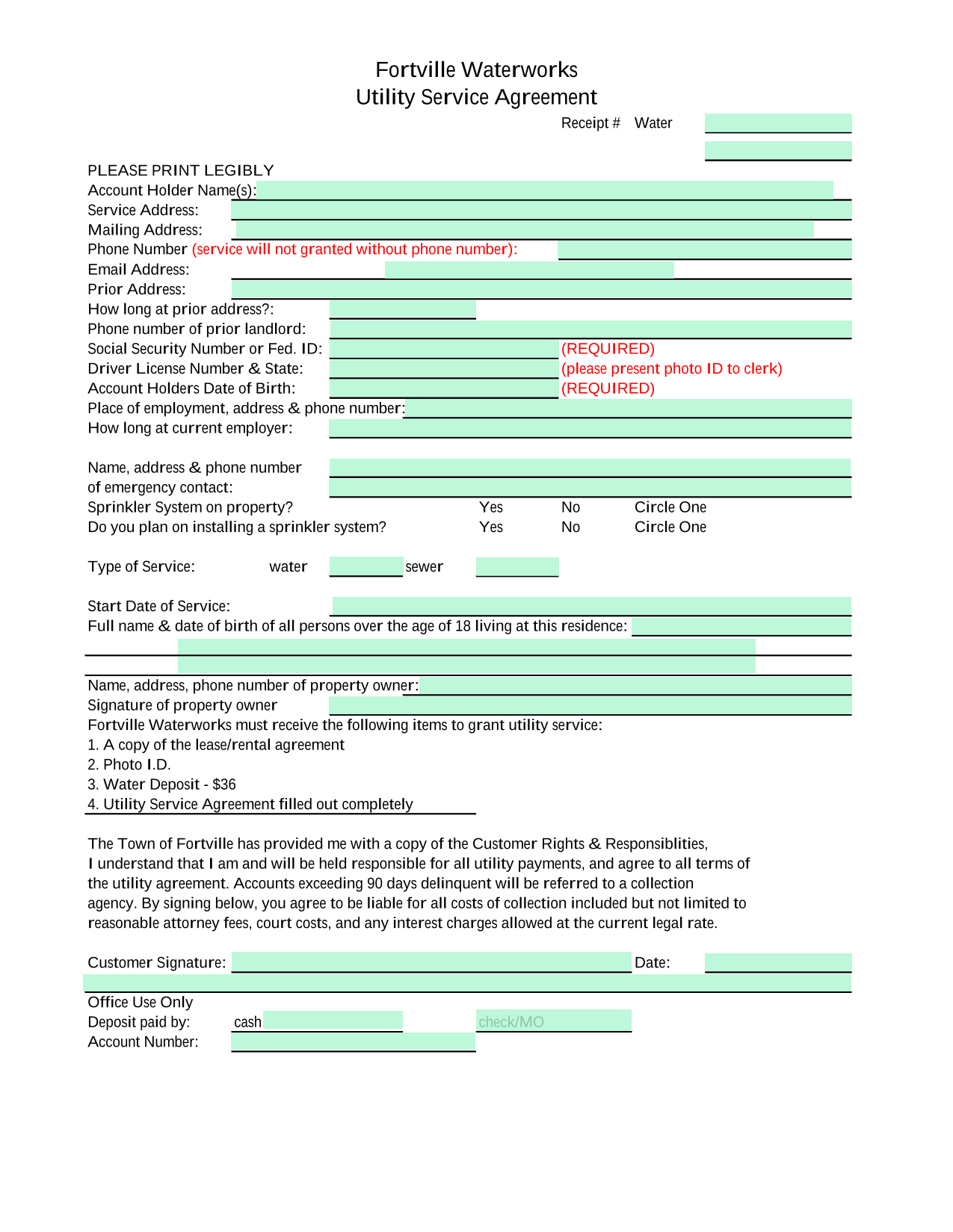 Utility Service Agreement screenshot