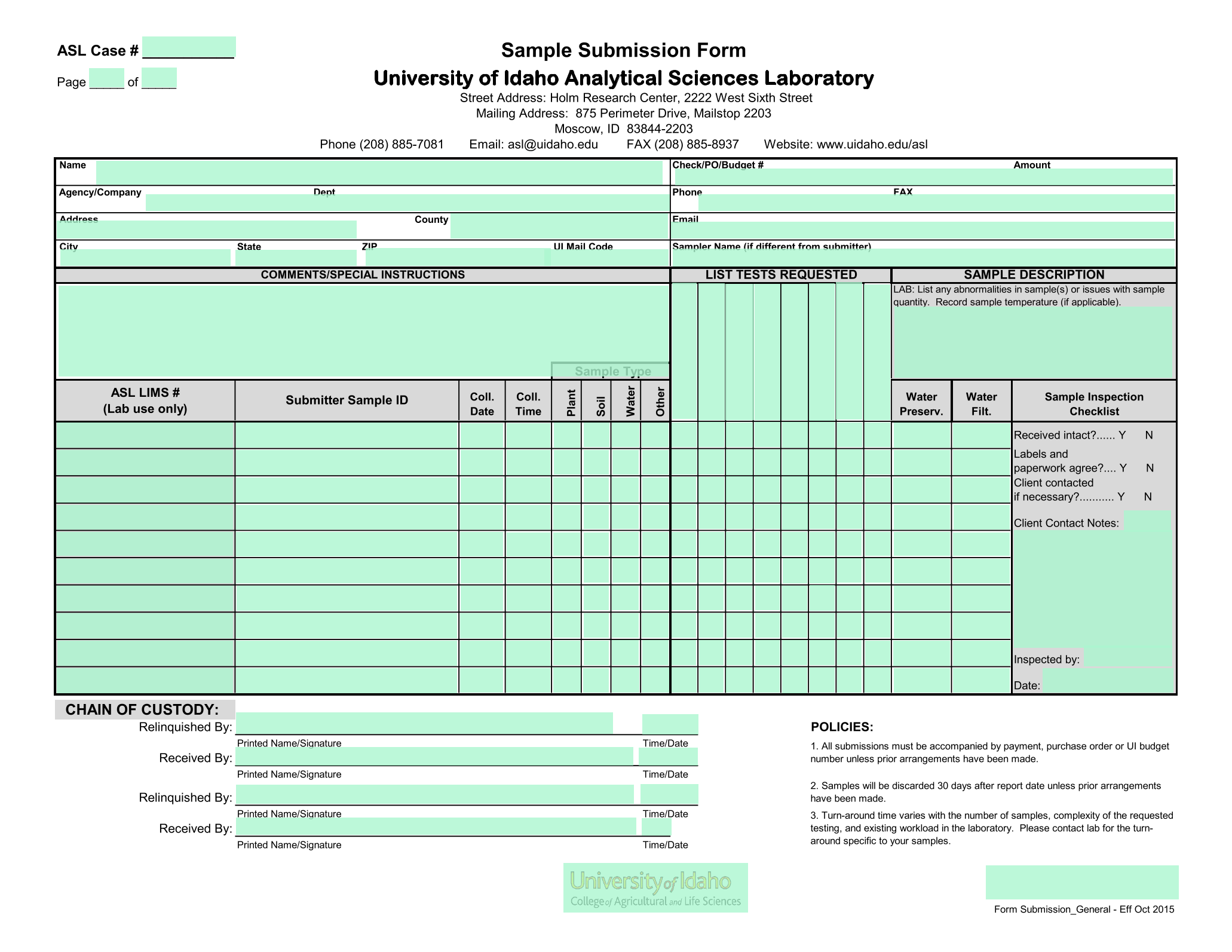 Sample Submission Form screenshot