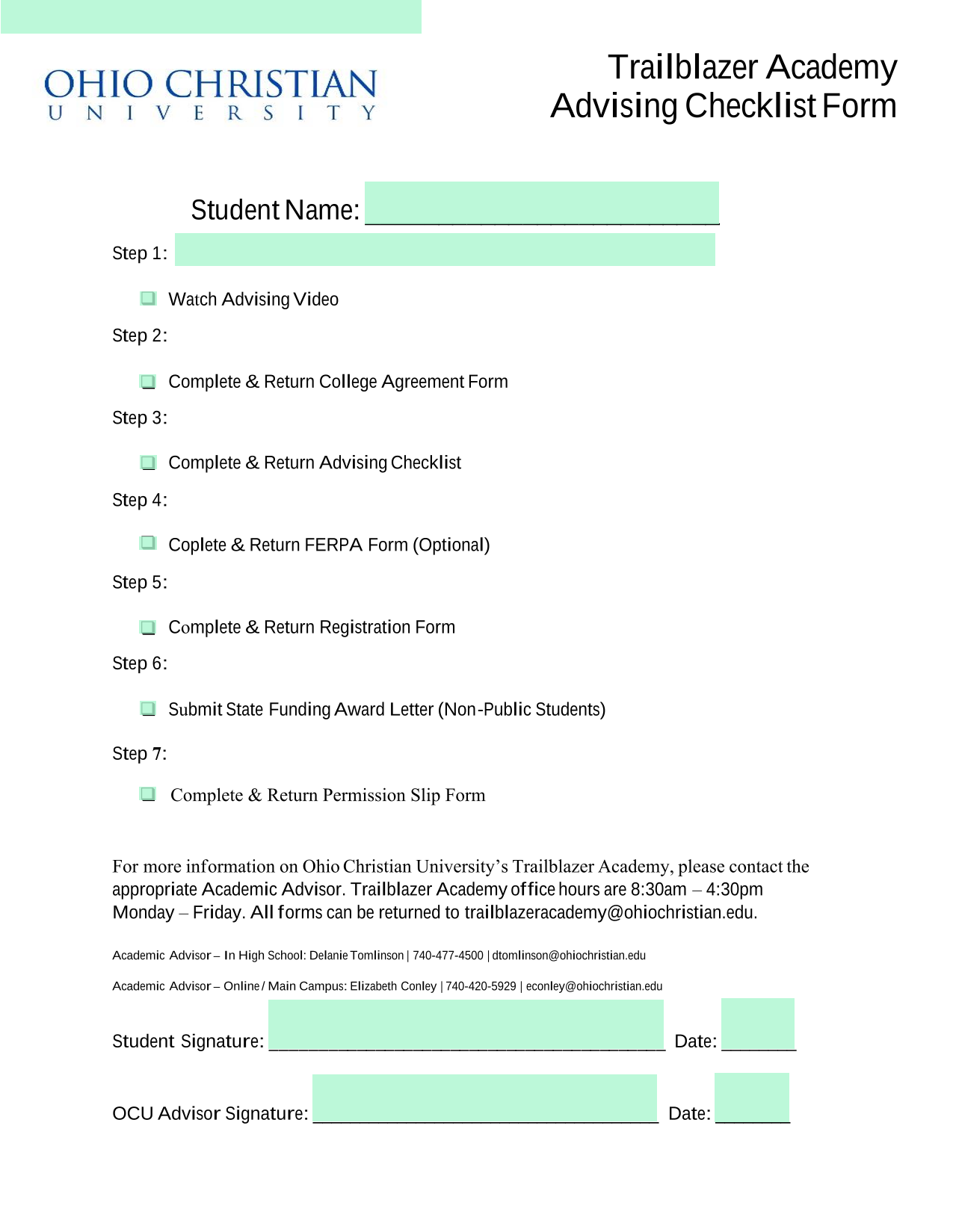 Trailblazer Academy Advising Checklist Form screenshot