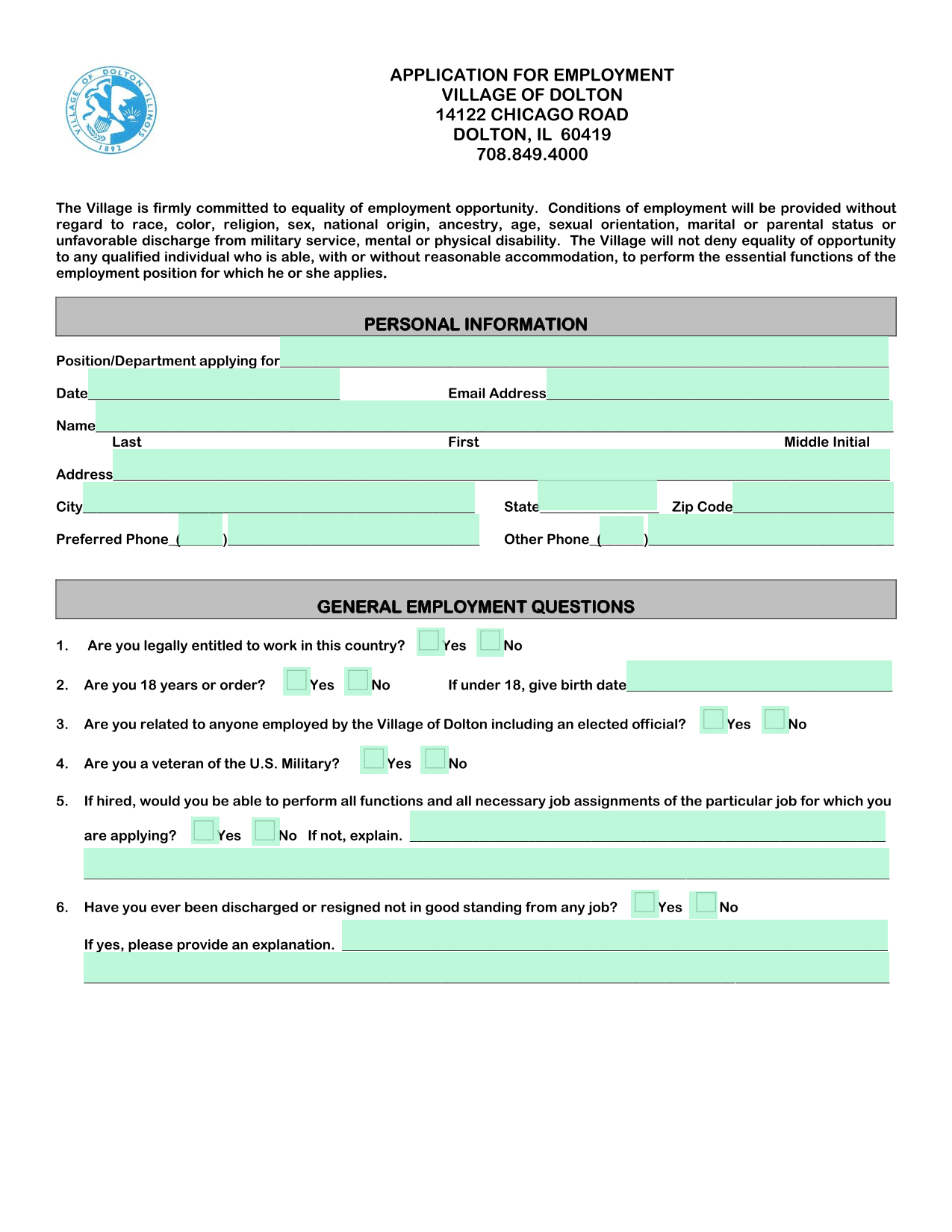 APPLICATION FOR EMPLOYMENT screenshot