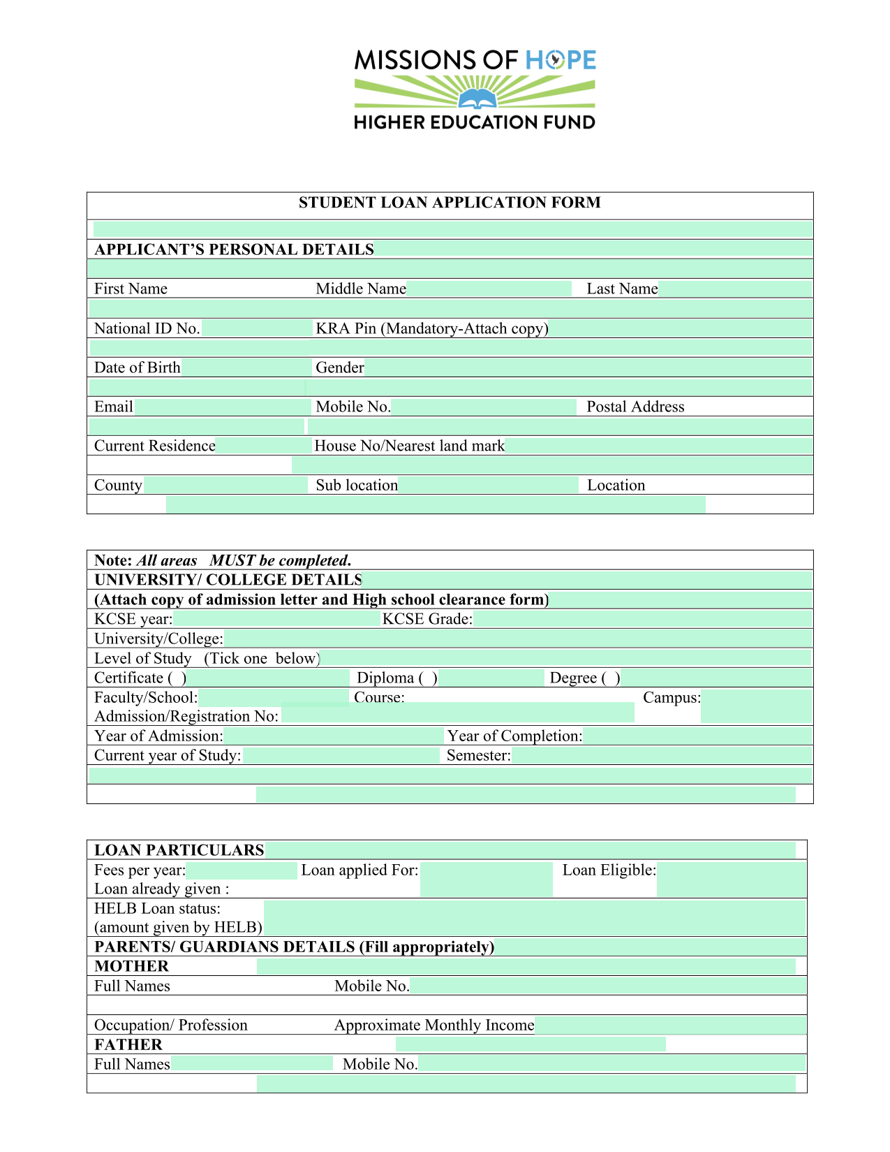 Student Loan Application Form screenshot