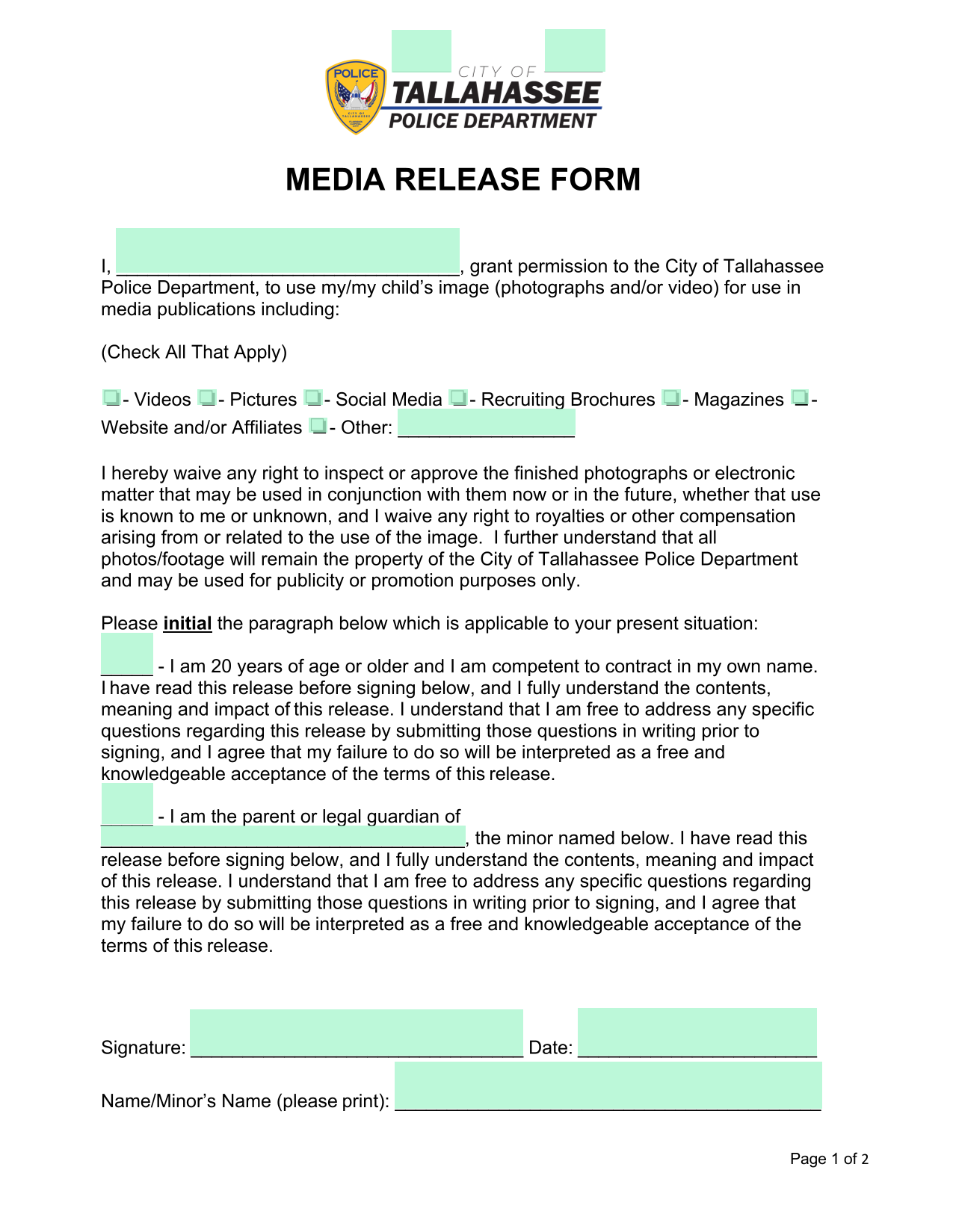 MEDIA RELEASE FORM screenshot