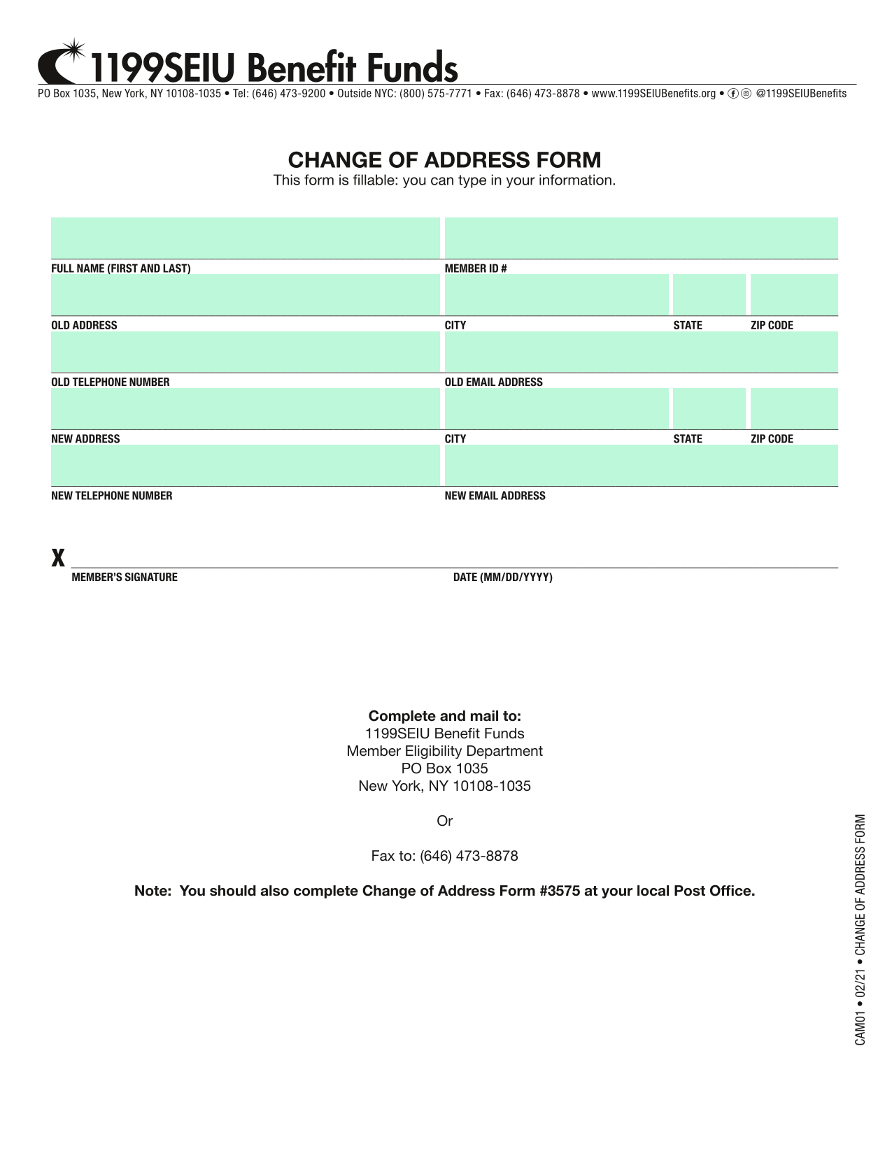 Change Of Address Form screenshot