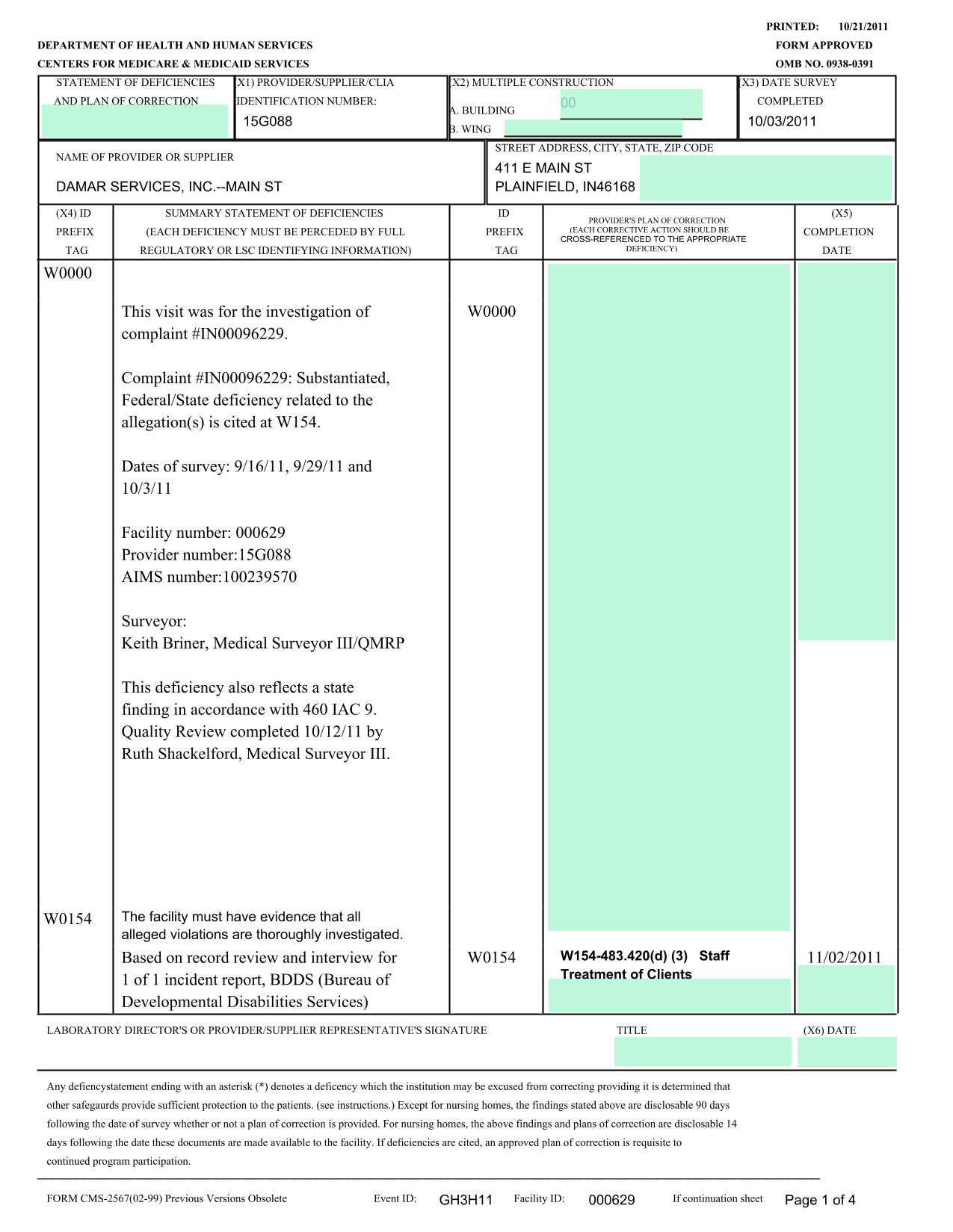 Statement Of Deficiencies And Plan Of Correction screenshot