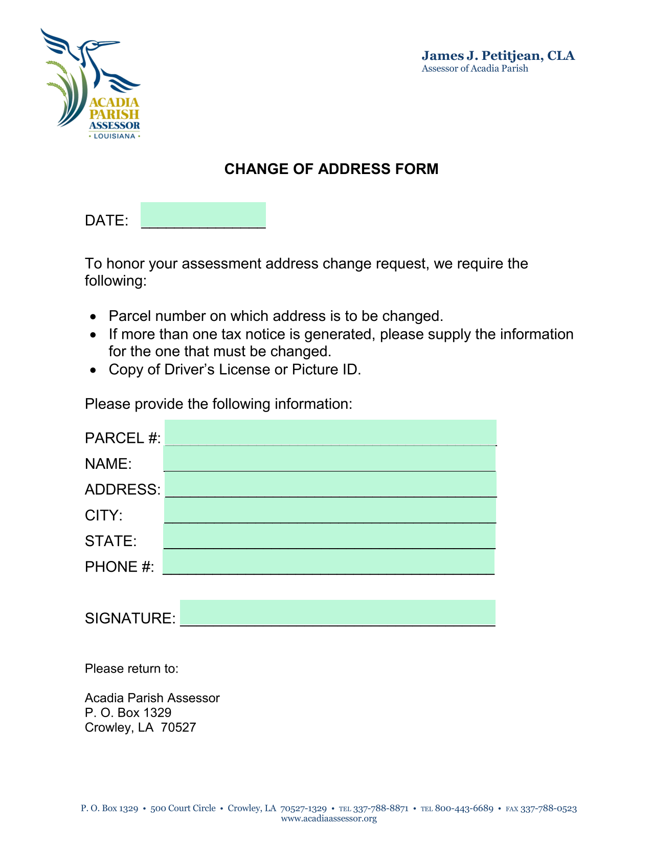 Change Of Address Form screenshot