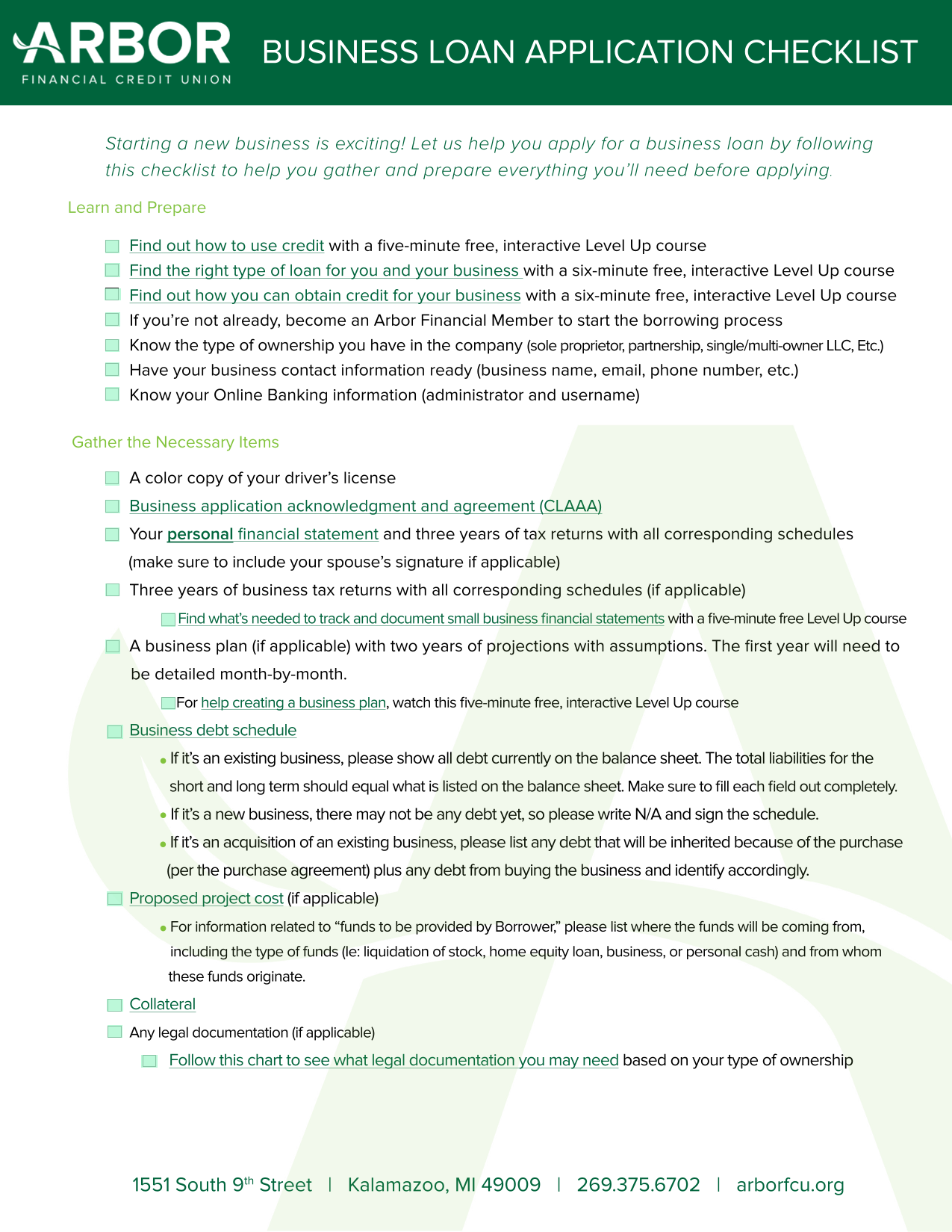 Business Loan Application Checklist screenshot