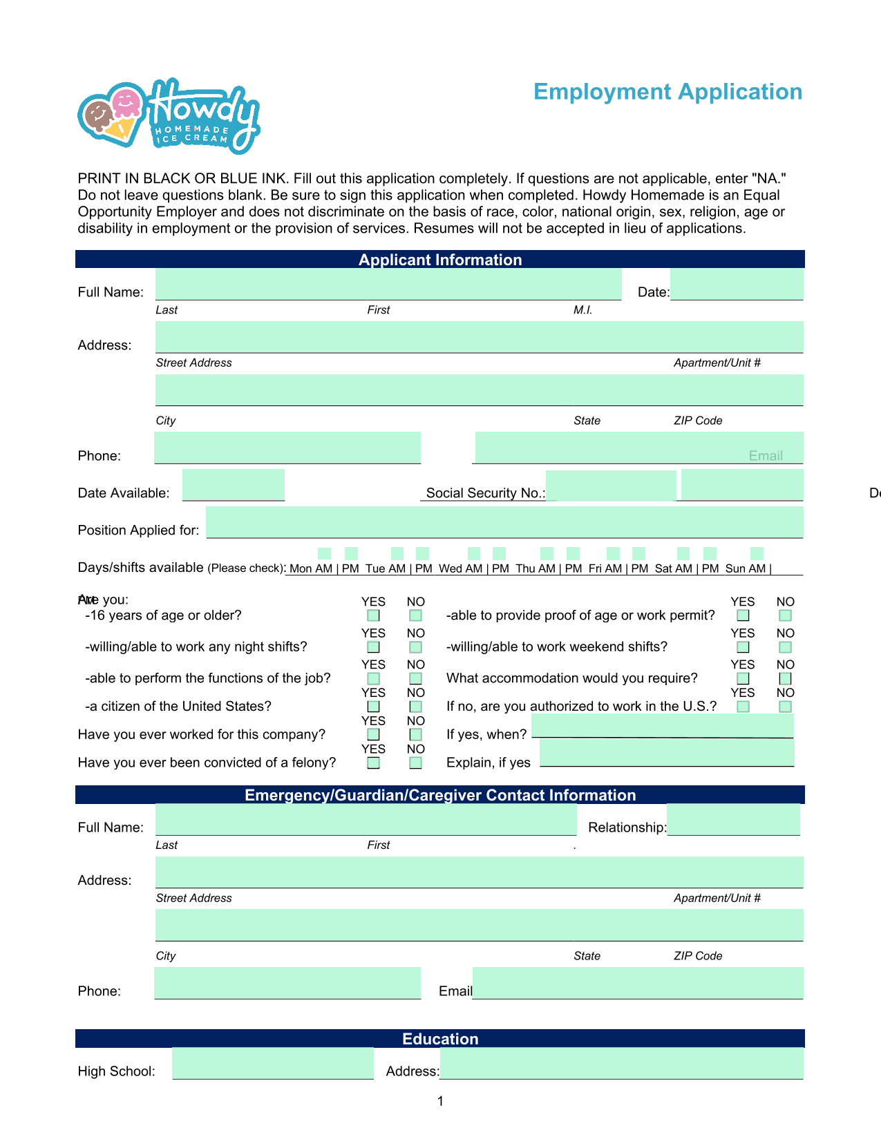 Employment Application screenshot